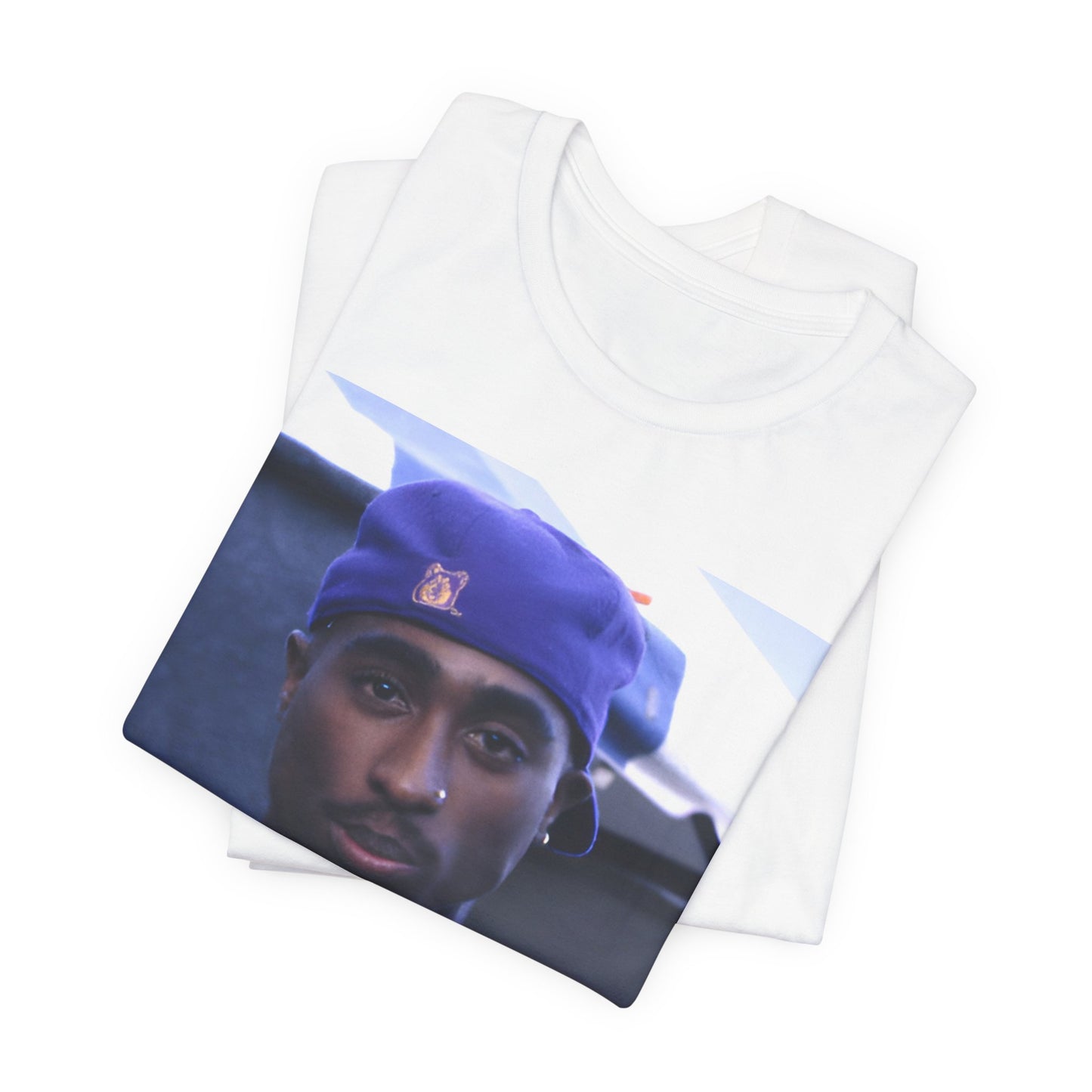 A black graphic t-shirt featuring a graphic related to Tupac's 'California Love' song or era.