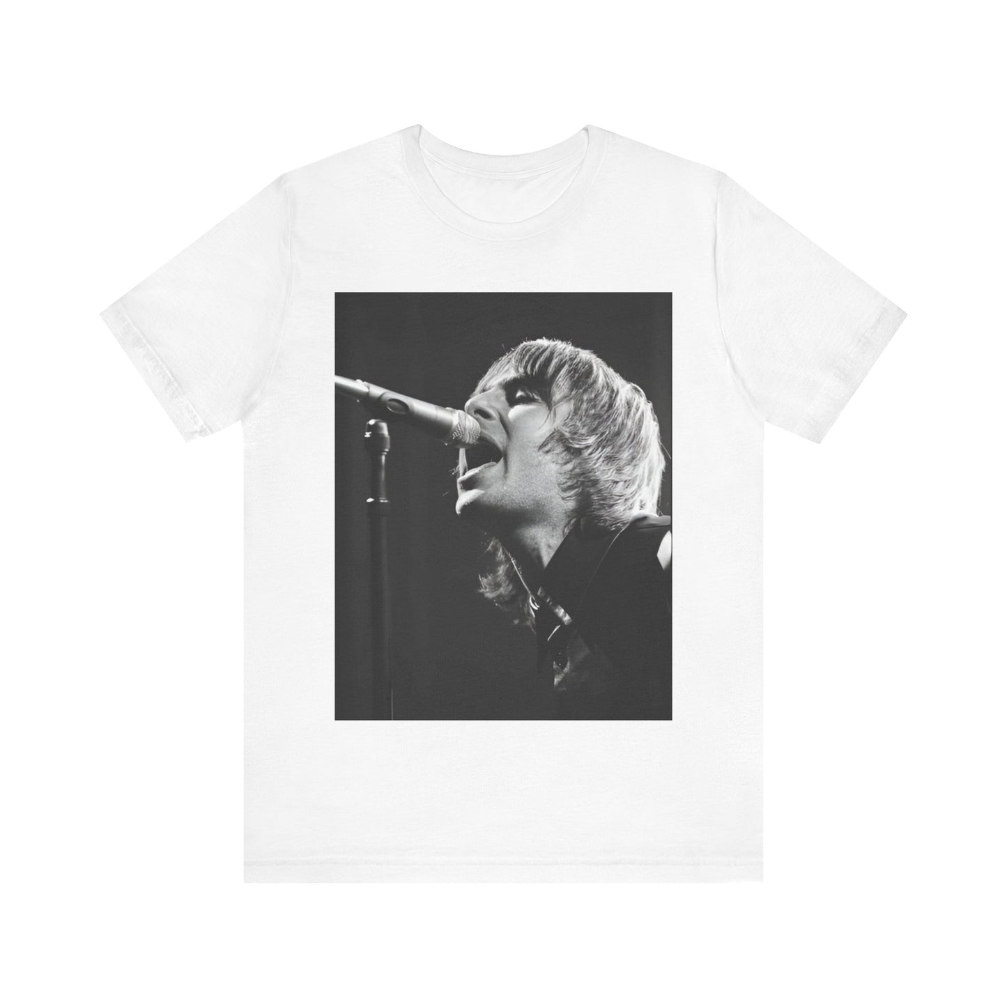 A black graphic t-shirt featuring a black and white graphic or photo of Liam Gallagher from Oasis performing live on stage.