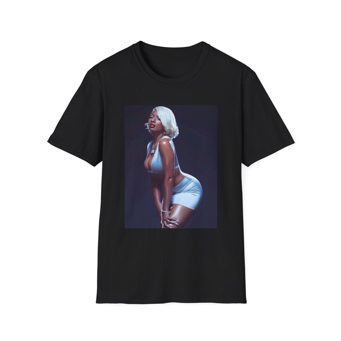 A black graphic t-shirt featuring a glamorous graphic of Megan Thee Stallion in a rap style.