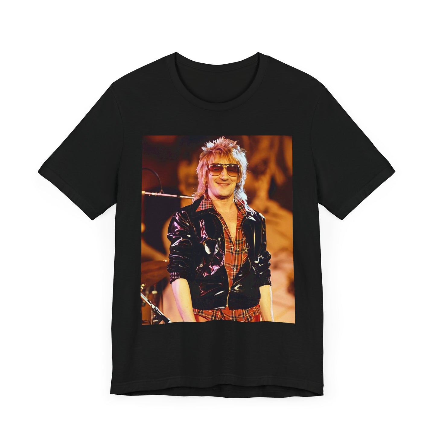 A black graphic t-shirt featuring a graphic related to Rod Stewart's 'Gasoline Alley' album era.
