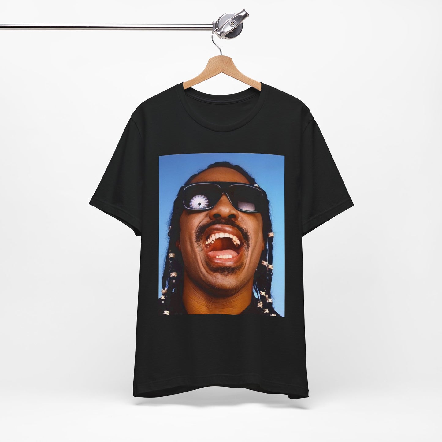 A black graphic t-shirt featuring a bold soul superstar graphic of Stevie Wonder.