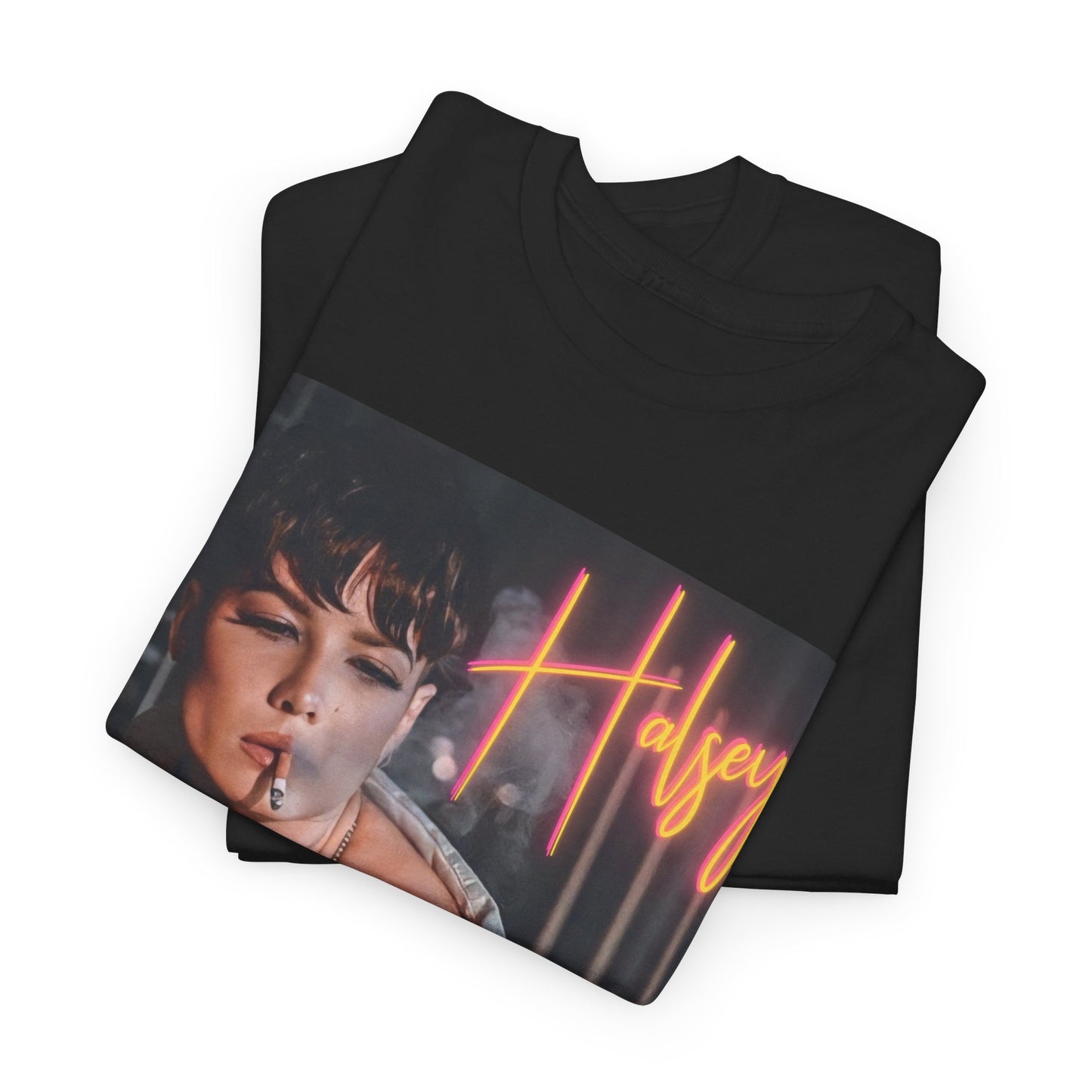 A black graphic t-shirt featuring a vintage graphic related to Halsey's 'Manic' album era.