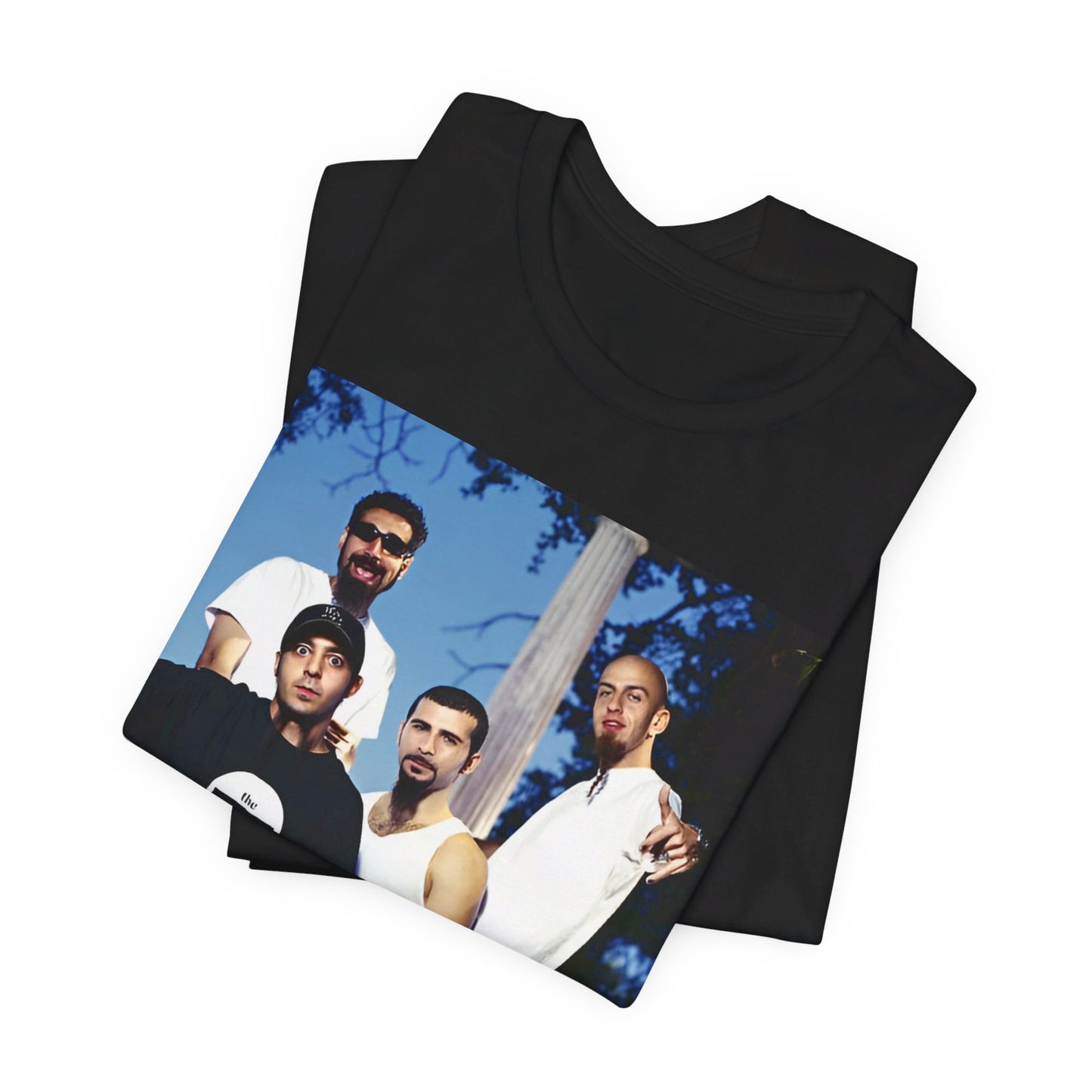 A black graphic t-shirt featuring a vintage alt metal graphic of System of a Down.