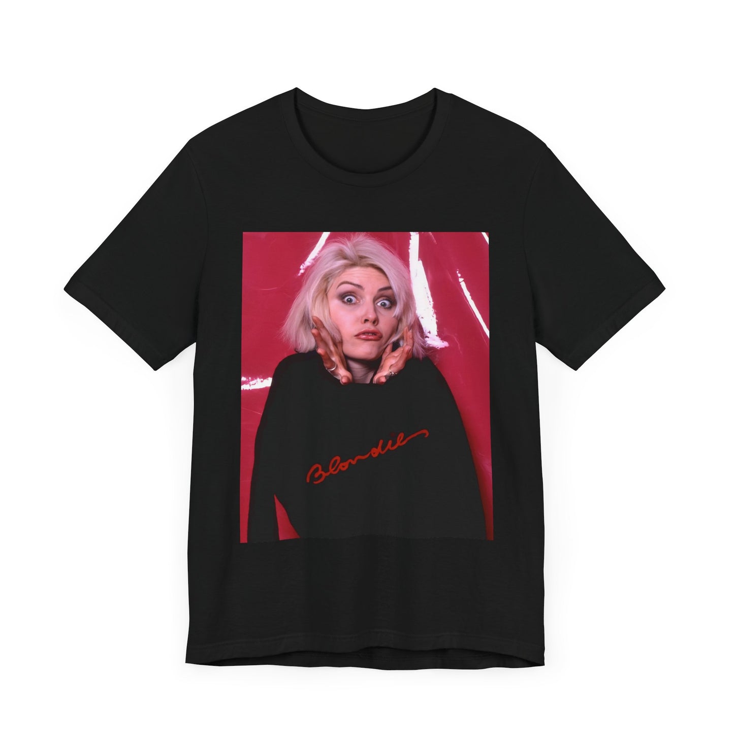 A black graphic t-shirt featuring a graphic related to Blondie's 'Atomic' song or era.