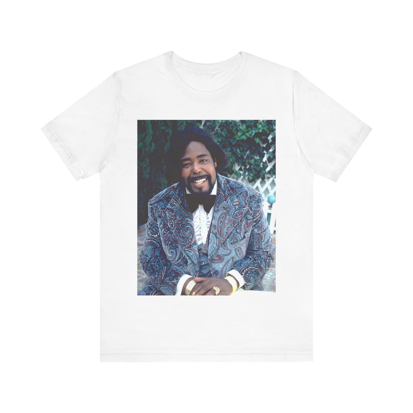 A black graphic t-shirt featuring a retro 70s photo of Barry White, evoking the disco era.