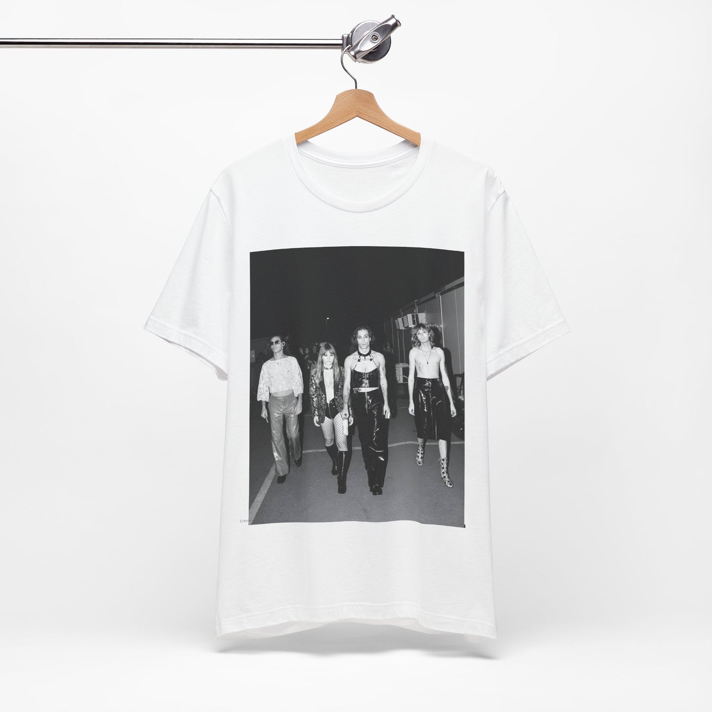 A black graphic t-shirt featuring a black and white, monochrome graphic or photo of Maneskin.