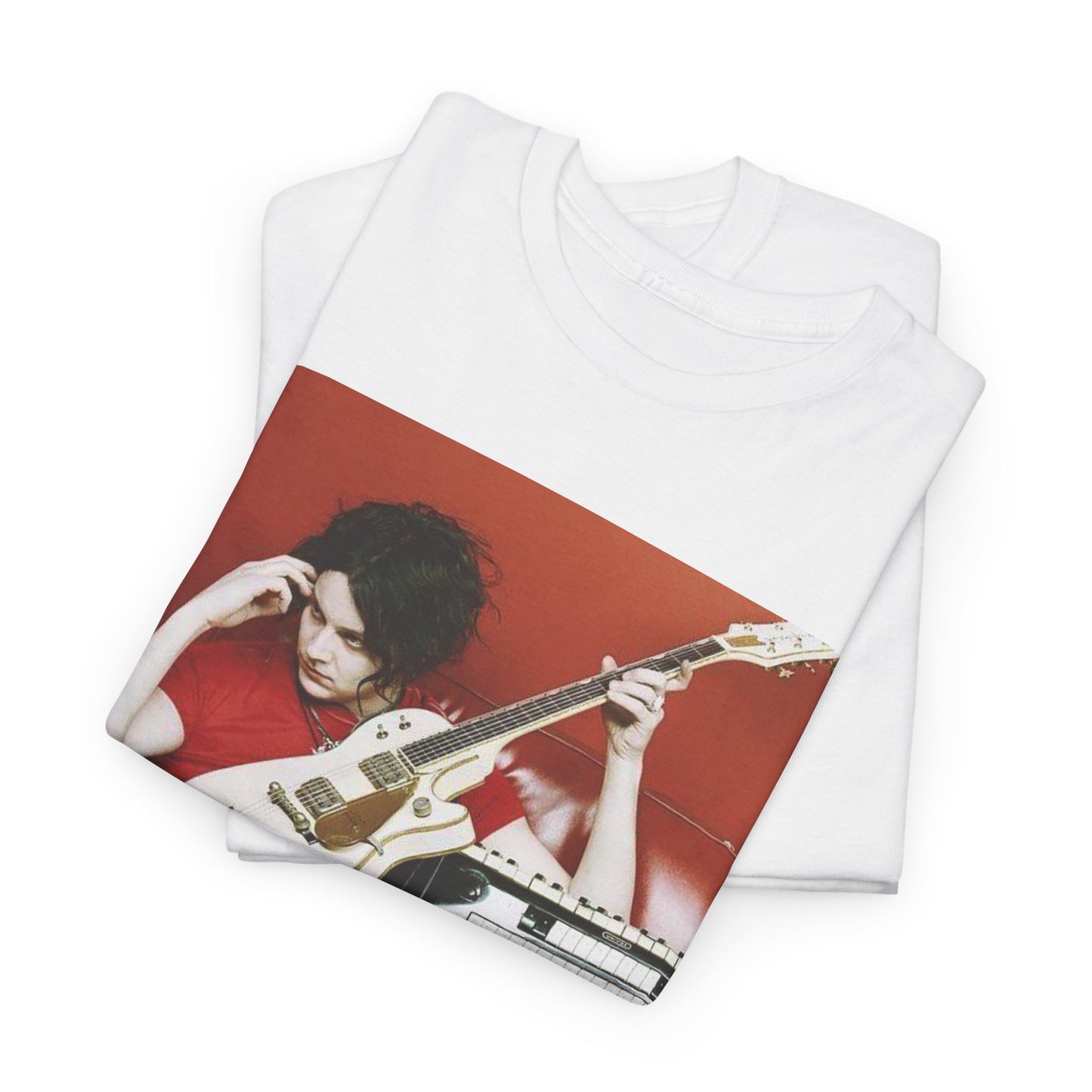 A black graphic t-shirt featuring a retro graphic of The White Stripes with a garage rock aesthetic.