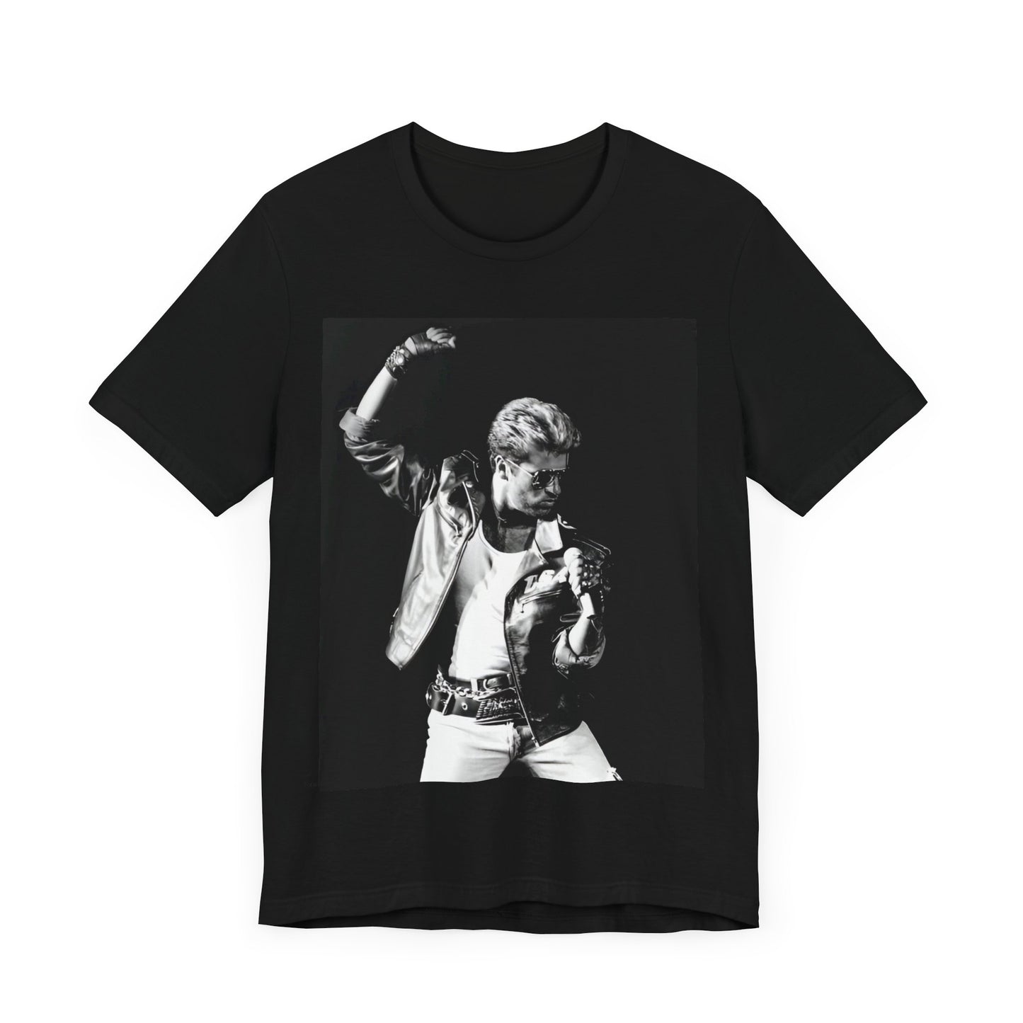 A black graphic t-shirt featuring an iconic black and white portrait photo of George Michael.
