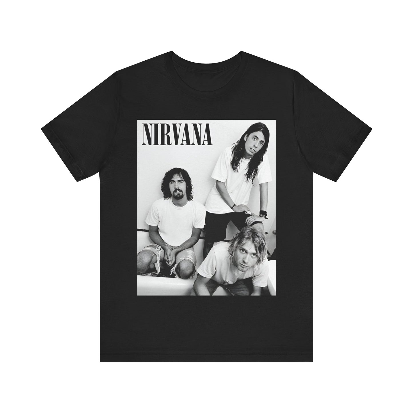 A black graphic t-shirt featuring a graphic of Nirvana emphasizing a rebellious grunge spirit.