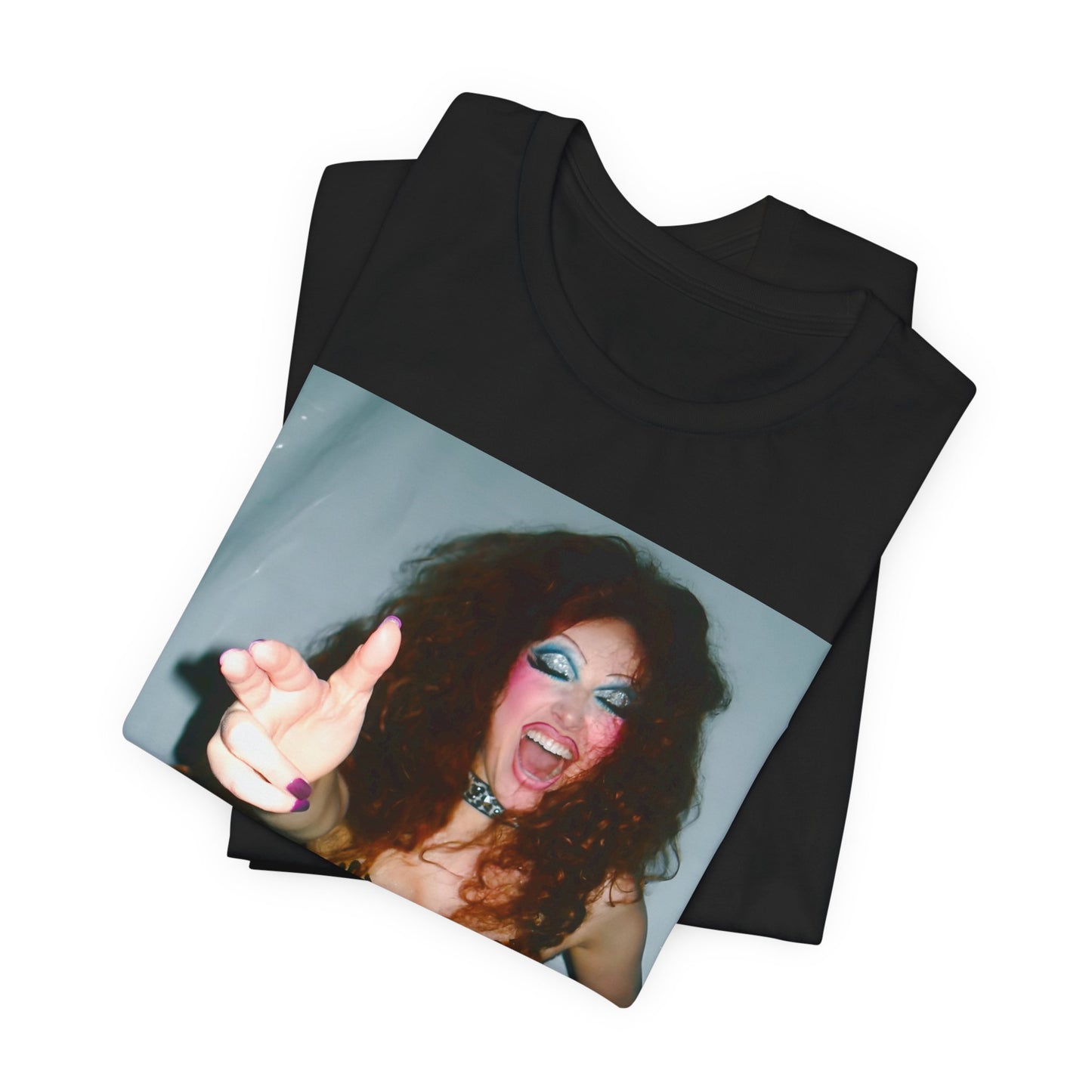 A black graphic t-shirt featuring a graphic of Chappell Roan as a modern queer pop icon.