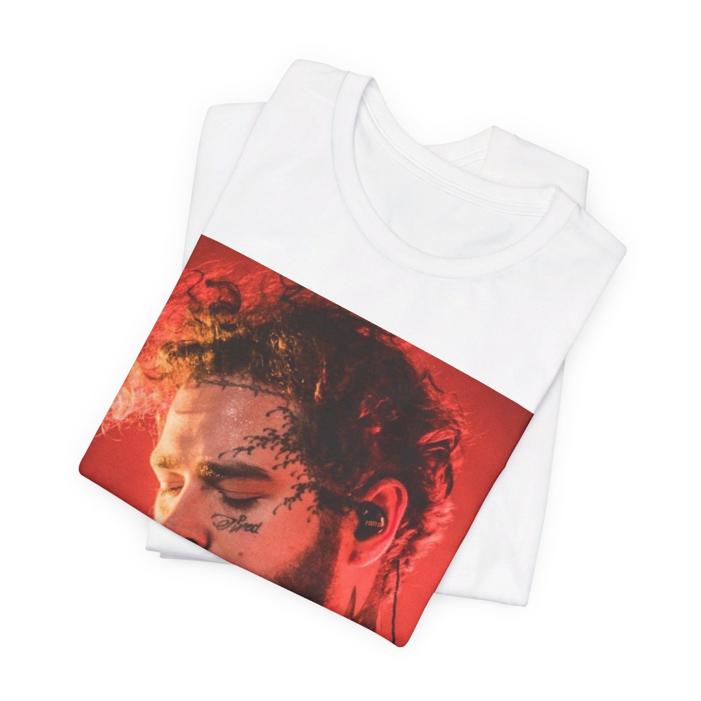 A black graphic t-shirt featuring a graphic of Post Malone in a tattoo art style.