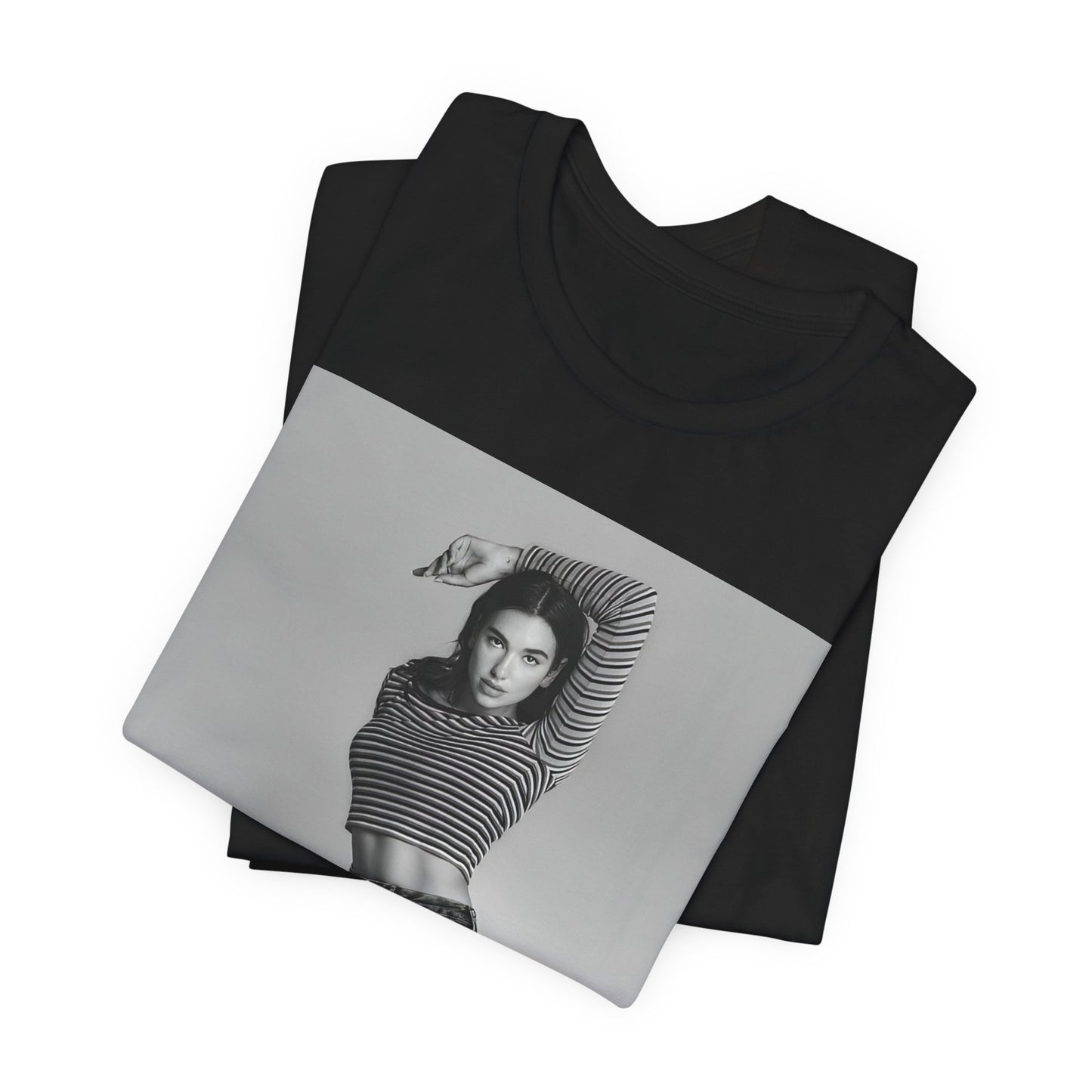 A black graphic t-shirt featuring a black and white photo of Dua Lipa in a posed manner.