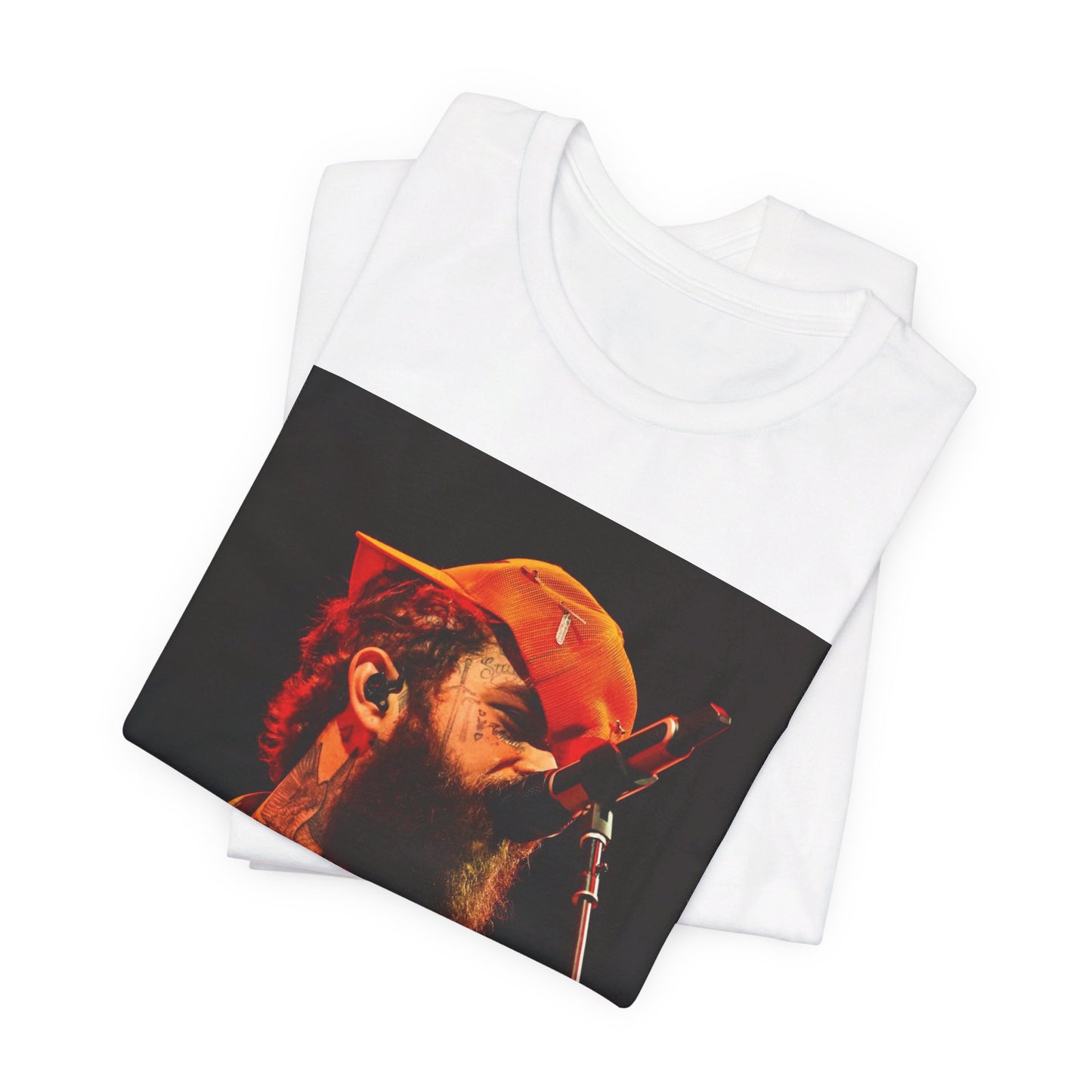 A black graphic t-shirt featuring a graphic or photo of Post Malone performing live on stage.