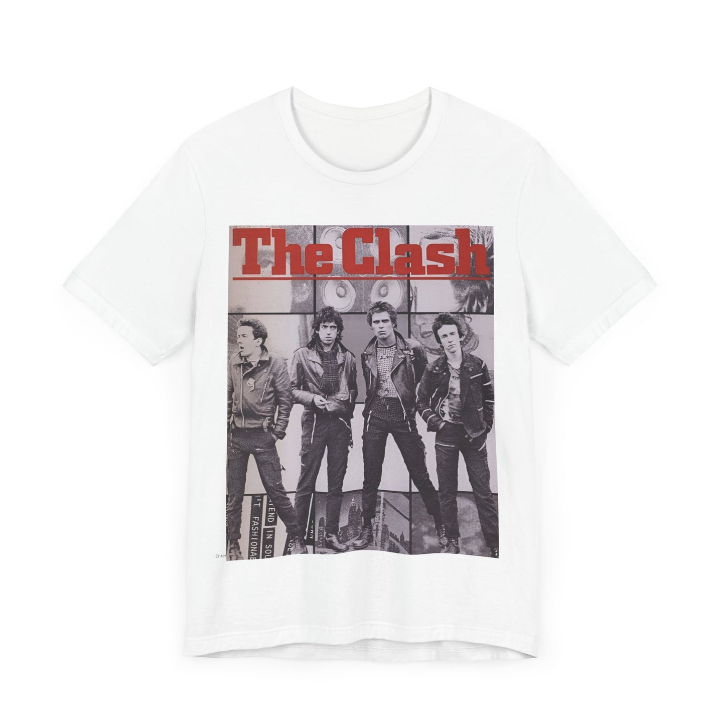 A black graphic t-shirt featuring a 70s retro punk superstar graphic of The Clash.