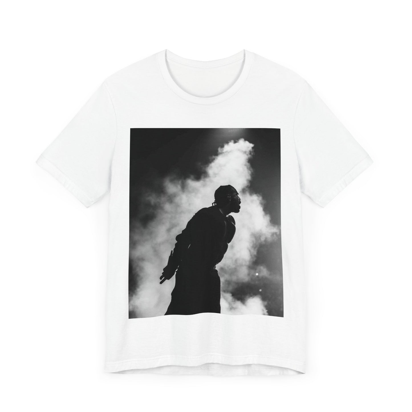 A black graphic t-shirt featuring a timeless black and white graphic or photo portrait of Drake.