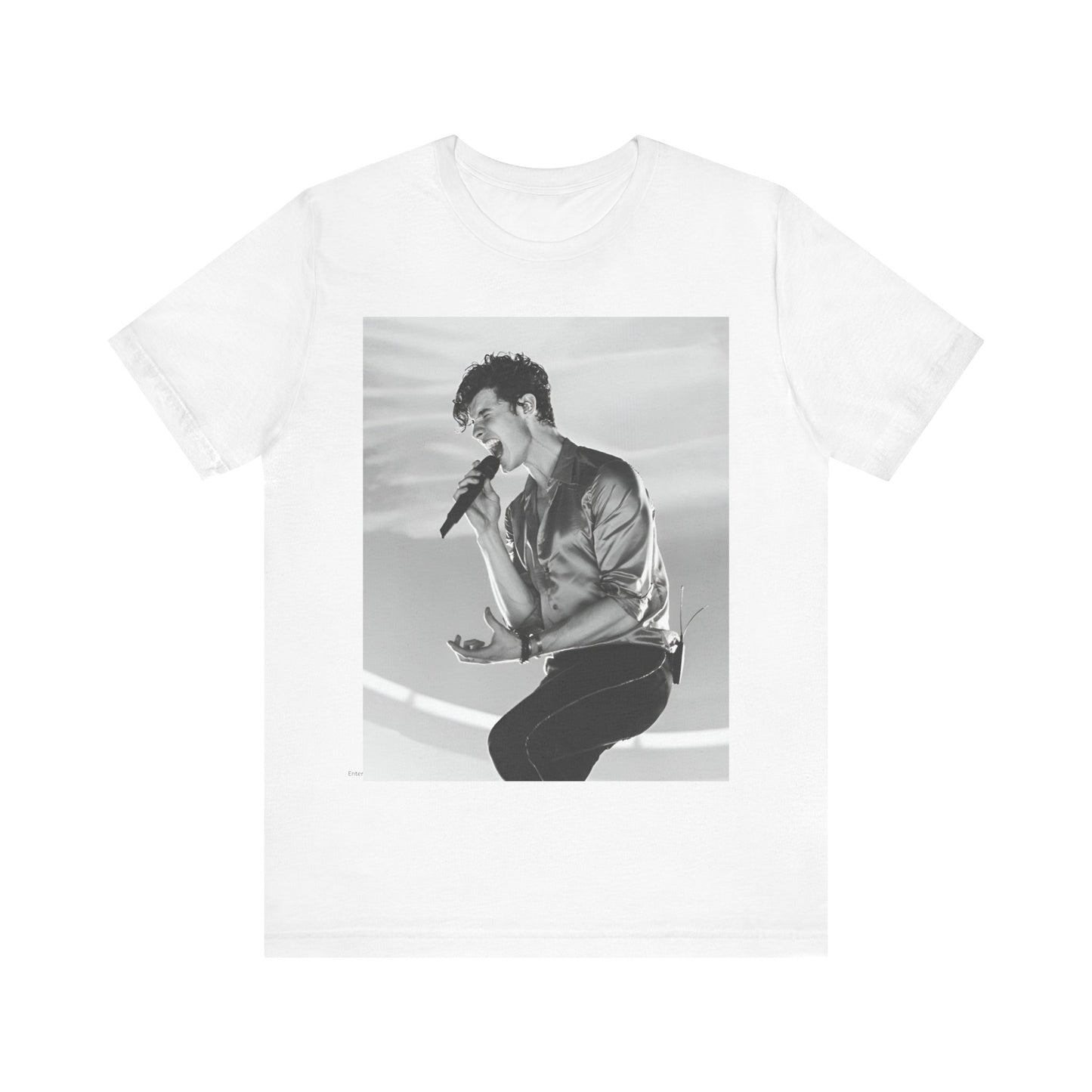 A black graphic t-shirt featuring a black and white graphic or photo of Shawn Mendes as a dreamy pop star.