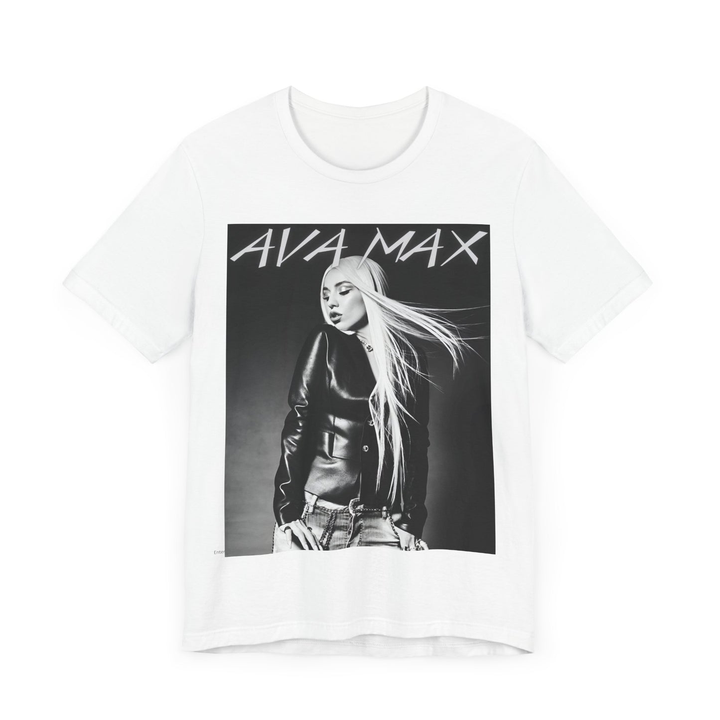 A black graphic t-shirt featuring a black and white portrait photo of Ava Max.