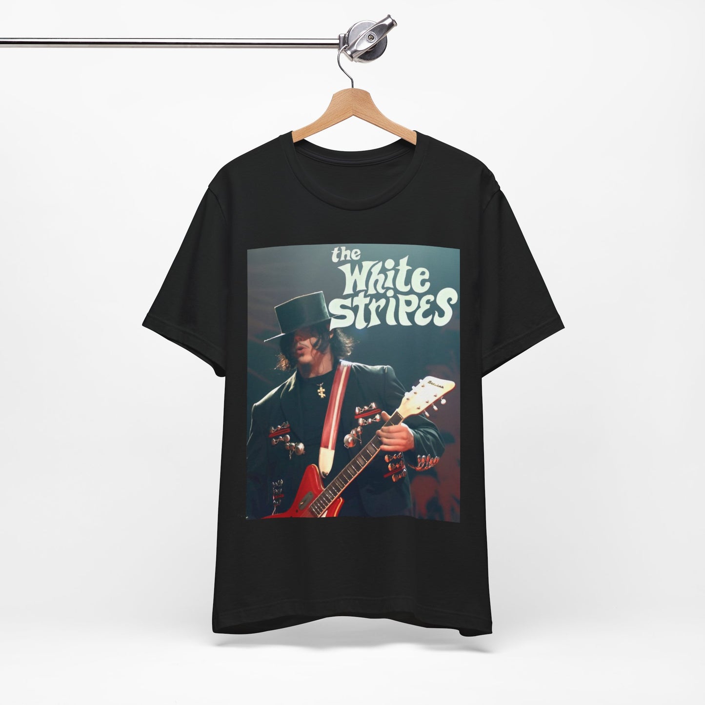 A black graphic t-shirt featuring a graphic of Jack White from The White Stripes as a guitar god.