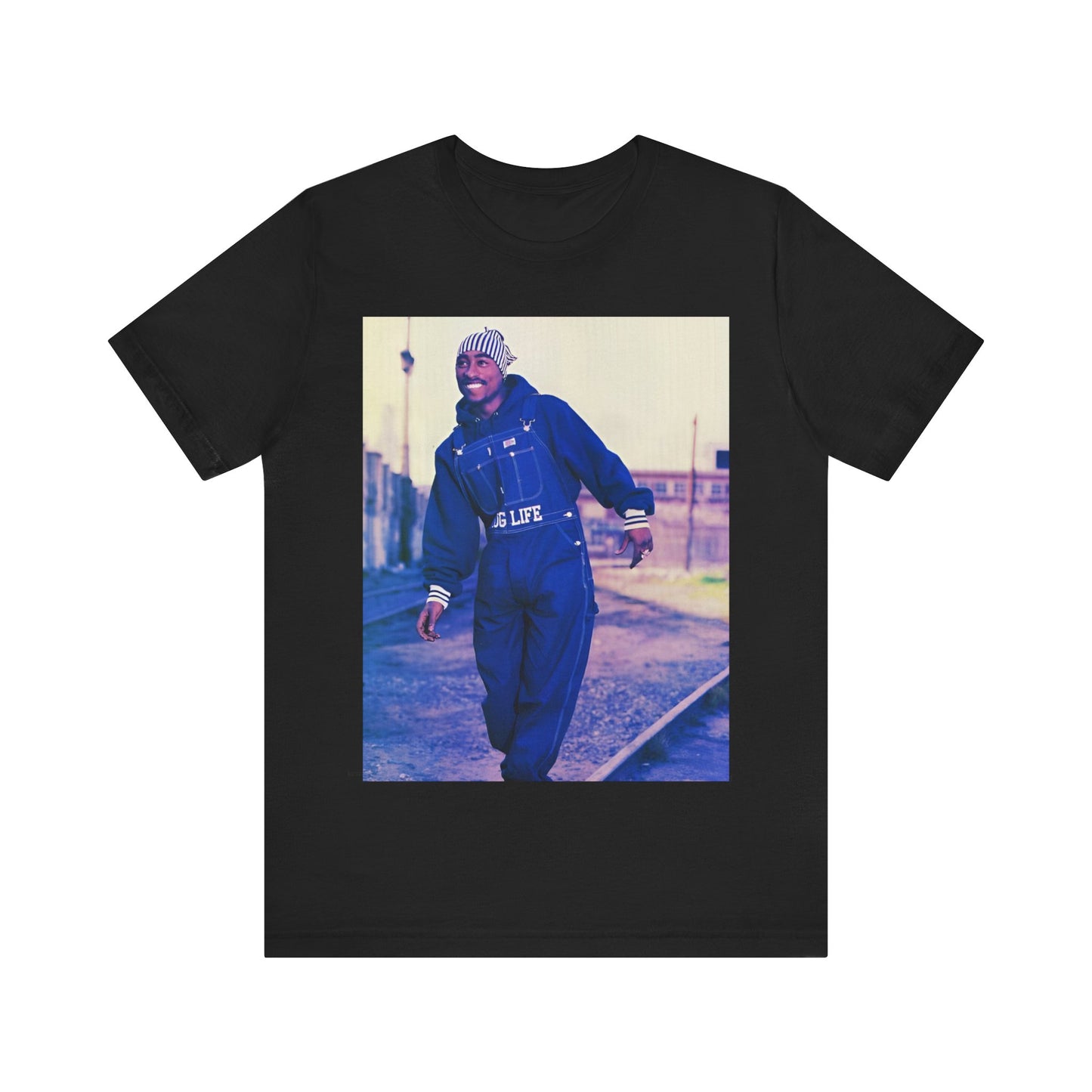 A black graphic t-shirt featuring a retro graphic related to Tupac's 'All Eyez On Me' album era.