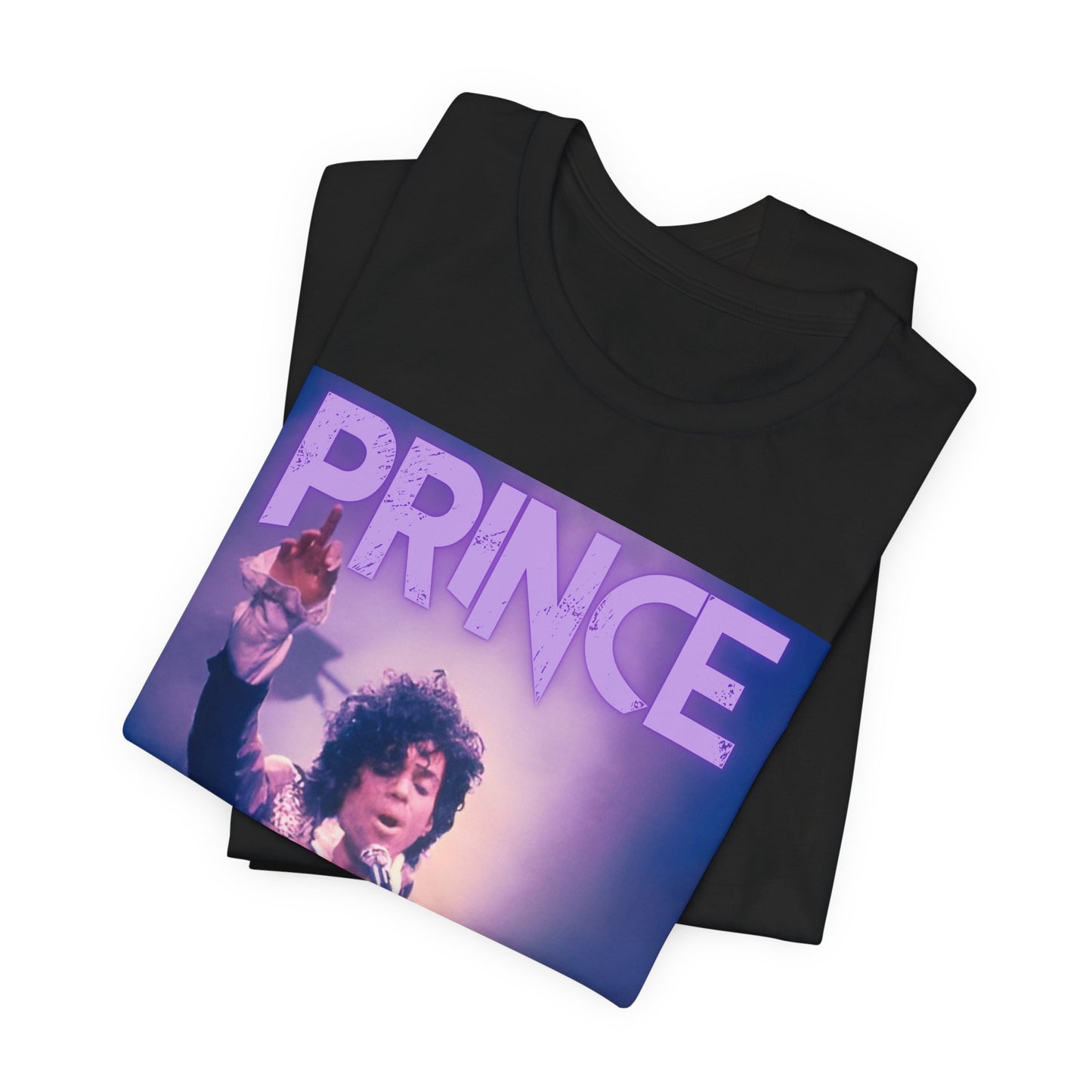 A black graphic t-shirt featuring a retro graphic related to Prince's 'Purple Rain' album era.