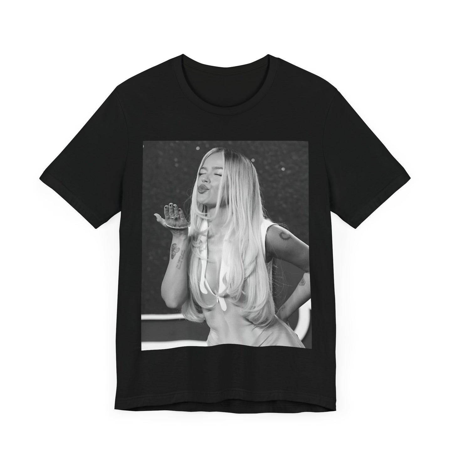 A black graphic t-shirt featuring a graphic of Karol G with a 'La Bichota Kiss' theme.