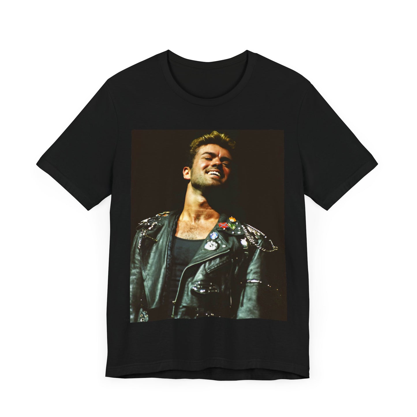 A black graphic t-shirt featuring a graphic related to George Michael's 'Careless Whisper' song or era.