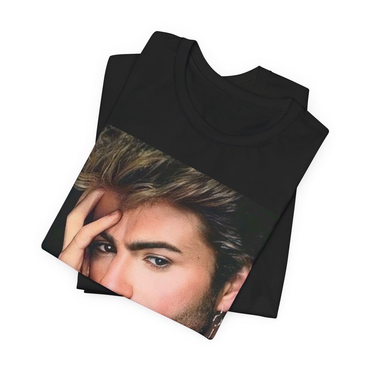 A black graphic t-shirt featuring a graphic of George Michael with a feel-good 80s vibe.