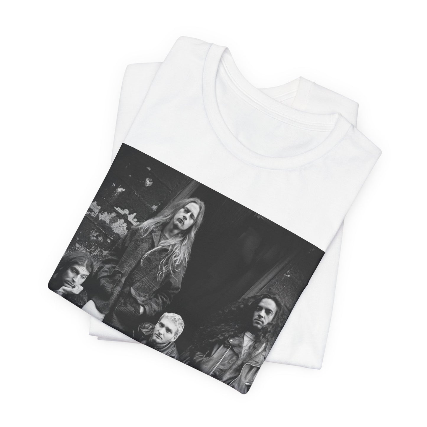A black graphic t-shirt featuring a 90s black and white photographic portrait of the band Alice In Chains, capturing their iconic grunge look.