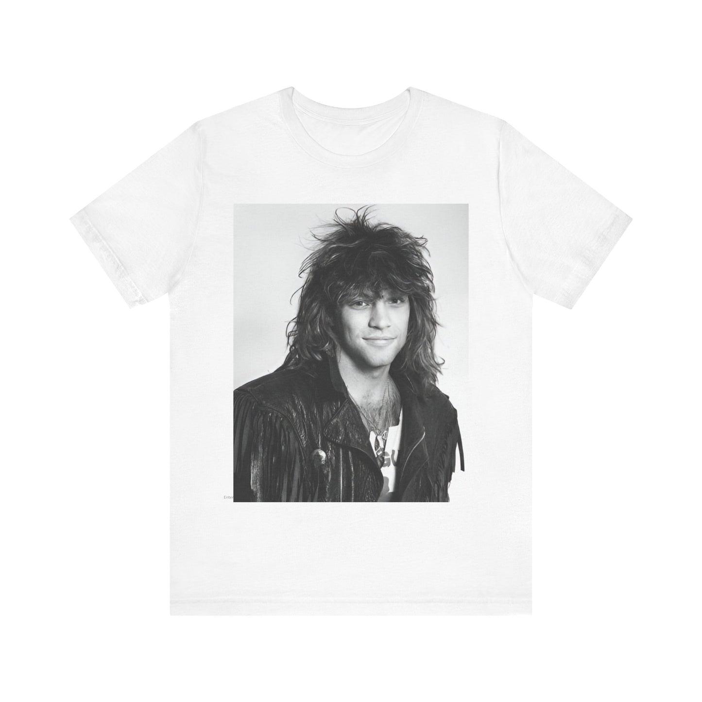A black graphic t-shirt featuring a black and white photo of Bon Jovi from a 90s tour, performing on stage.