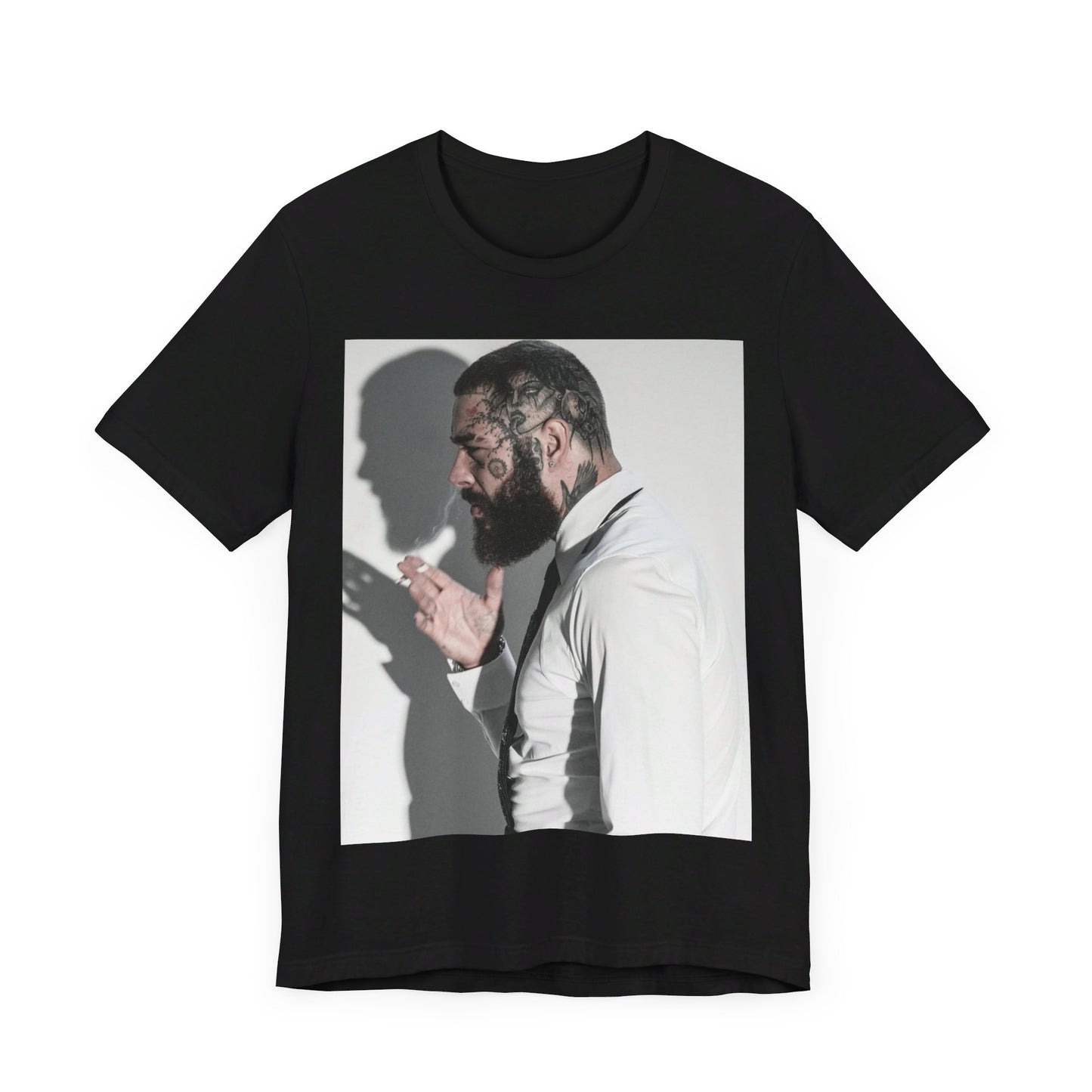 A black graphic t-shirt featuring a graphic of Post Malone with his classic face tattoos.