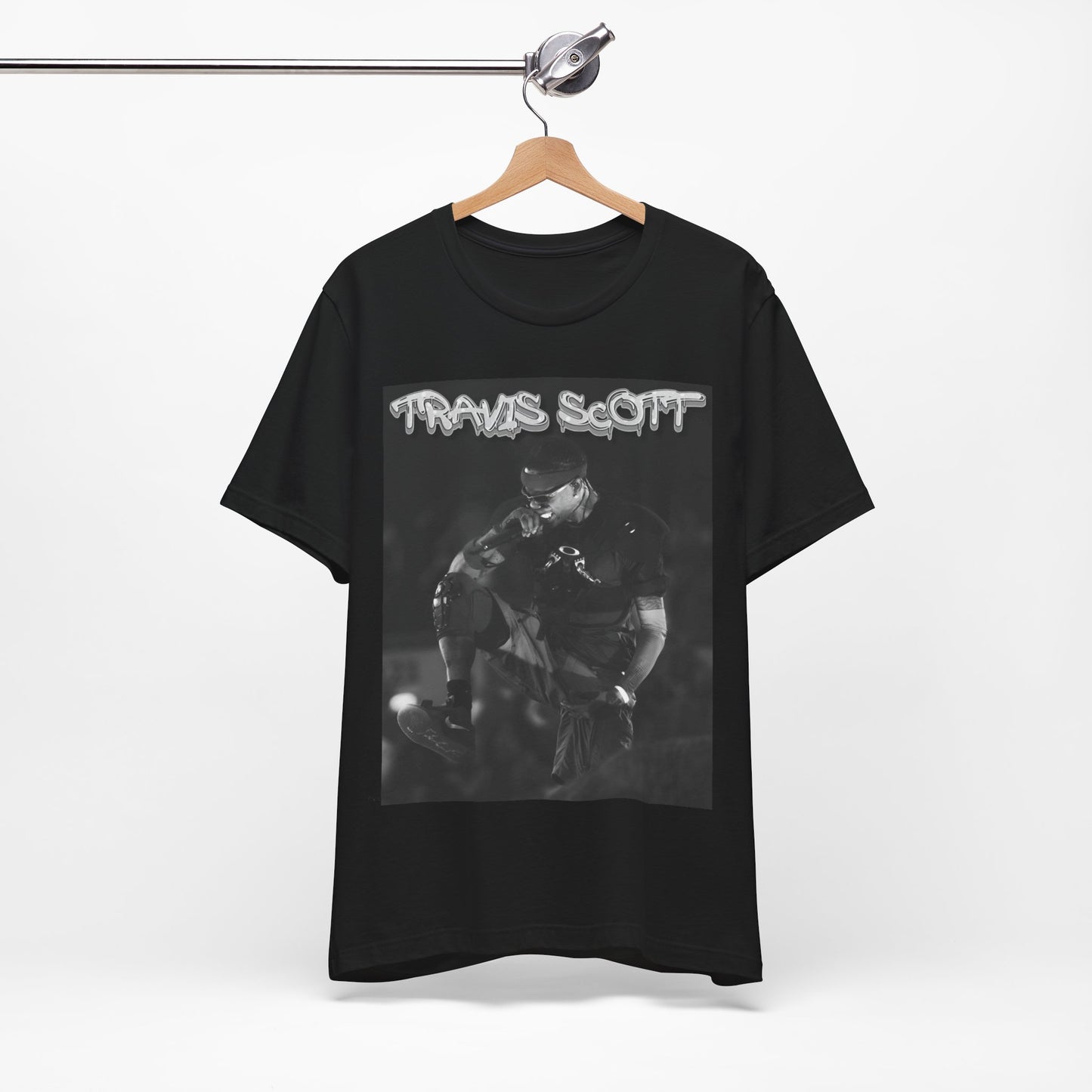 A black graphic t-shirt featuring a casual rap fan graphic of Travis Scott.