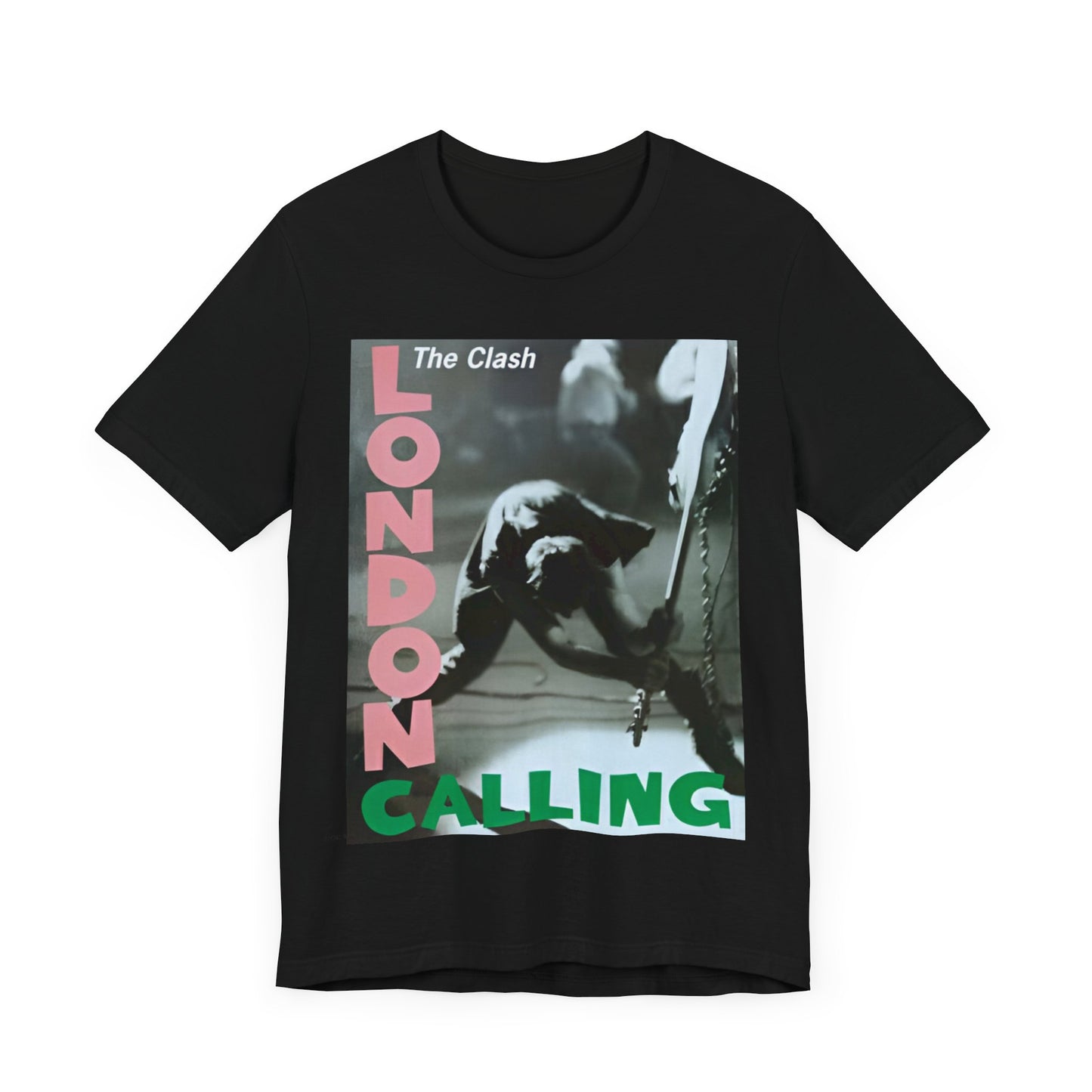 A black graphic t-shirt featuring the album cover art for The Clash's 'London Calling'.