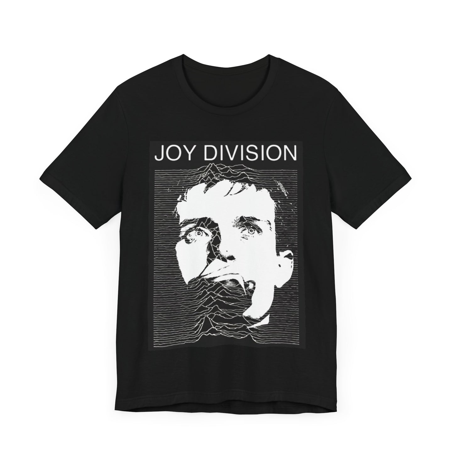 A black graphic t-shirt featuring iconic album art graphic of Joy Division.