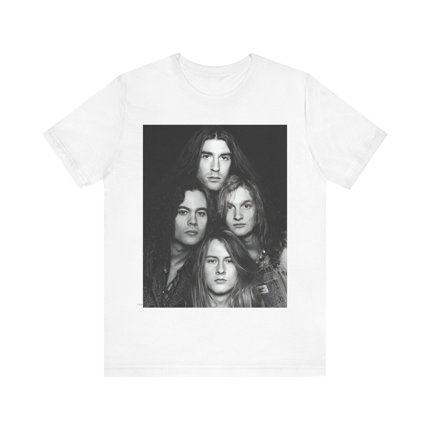 A black graphic t-shirt featuring a black and white graphic related to Alice In Chains' 90s 'Facelift' album era, possibly with band members in a stylized design.