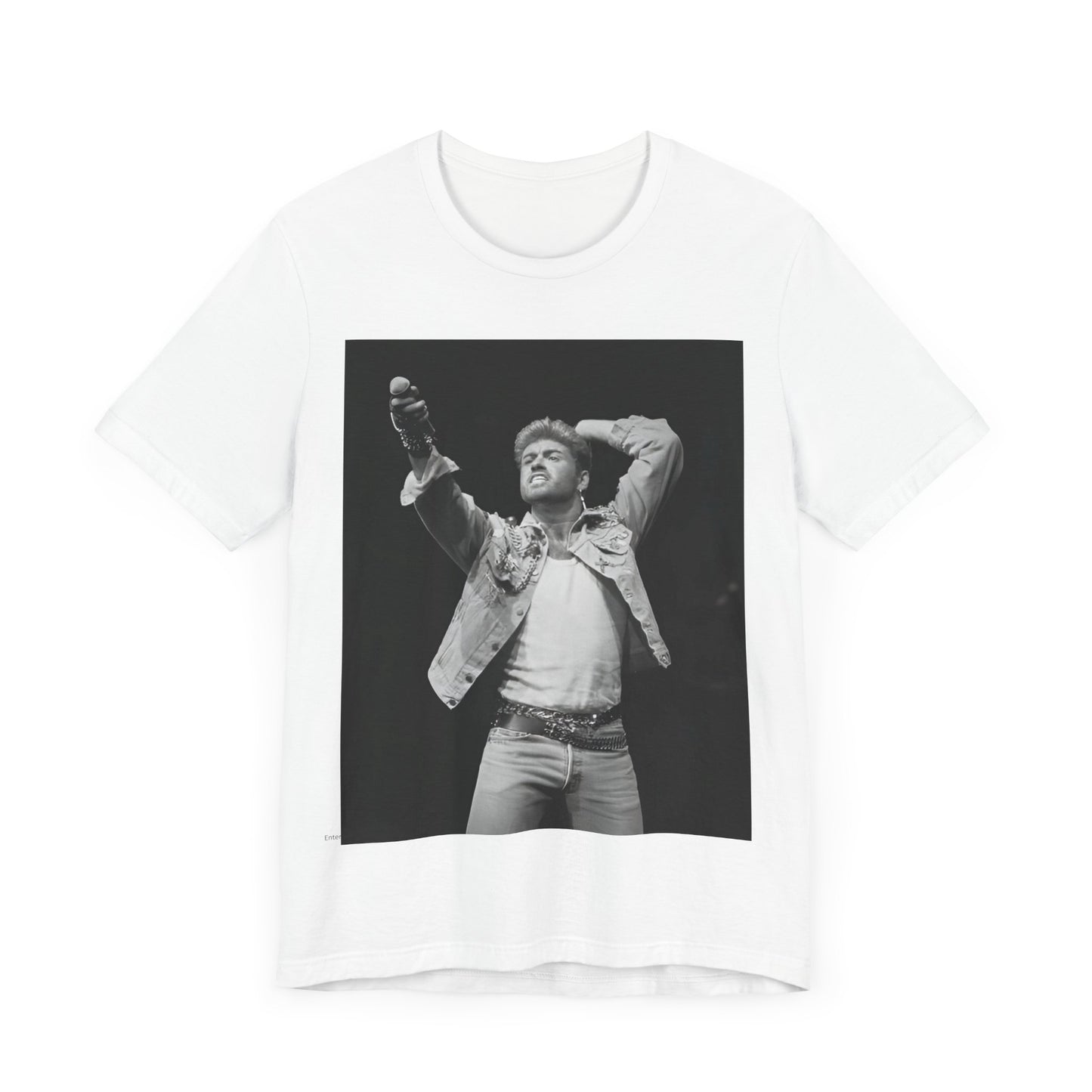 A black graphic t-shirt featuring a graphic or photo of George Michael performing live on stage.