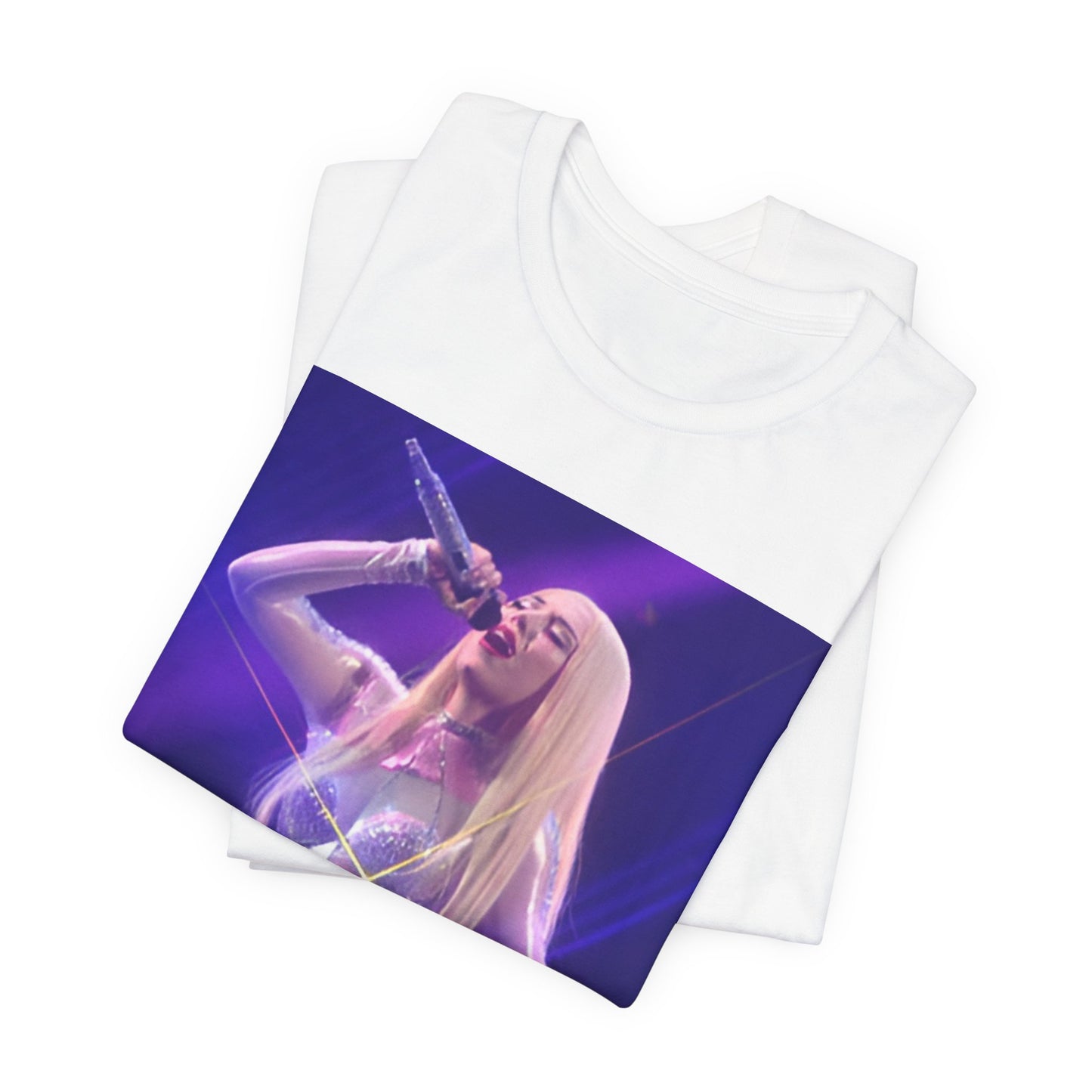 A black graphic t-shirt featuring a photo or illustration of Ava Max performing on stage, with a glittering or sparkling effect.