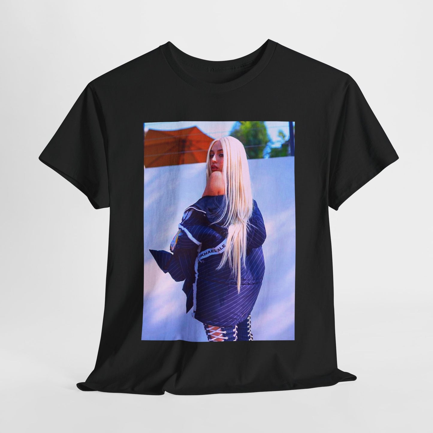 A black graphic t-shirt featuring a photo of Ava Max in a stylish pose, showcasing her elegance.