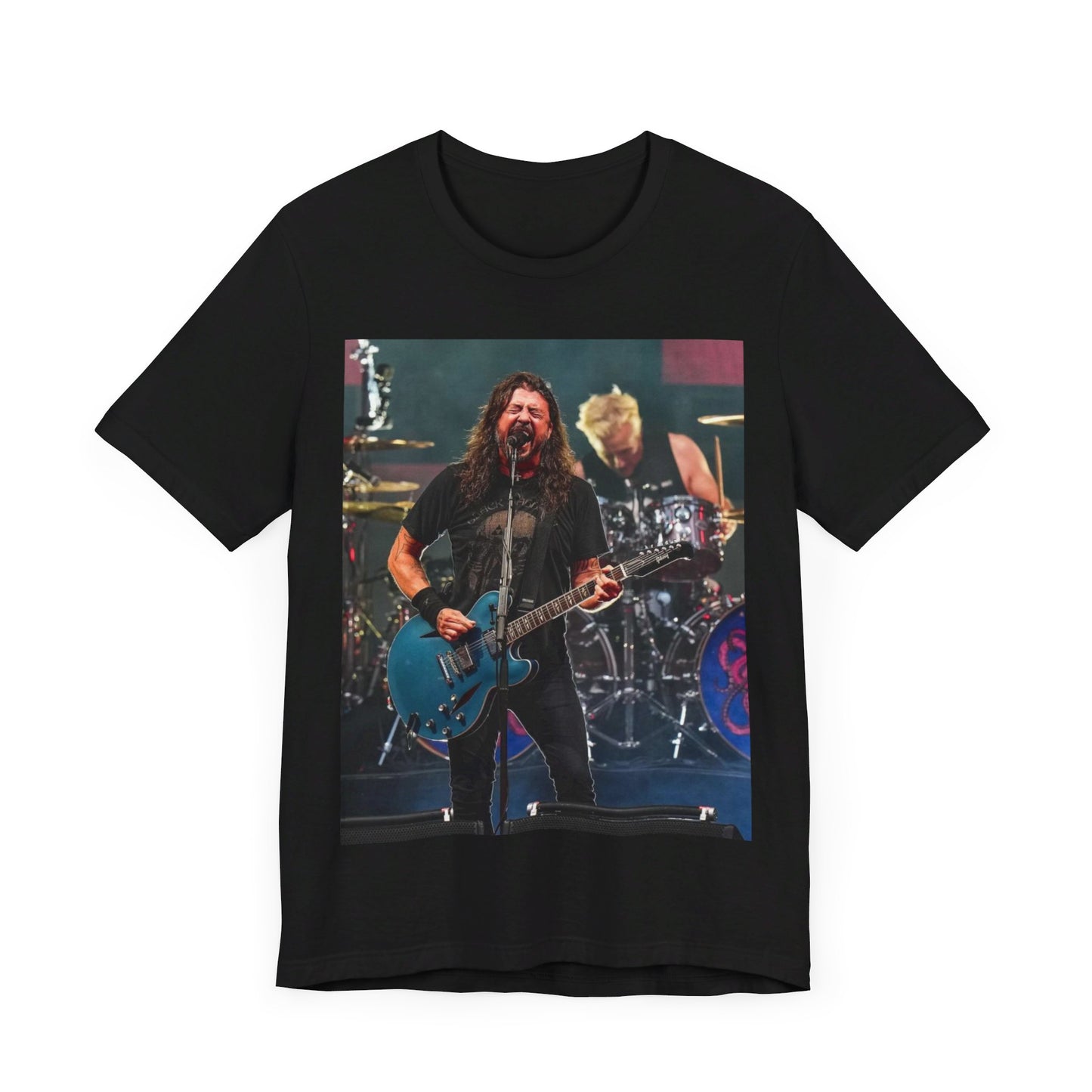 A black graphic t-shirt featuring a graphic of Foo Fighters as stadium rockstars.