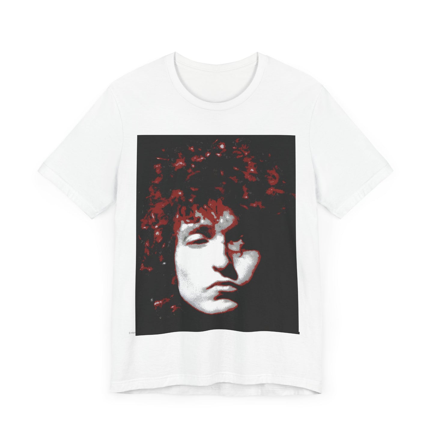 A black graphic t-shirt featuring a graphic related to Bob Dylan's 'Blood on the Tracks' album era, possibly with album art elements.