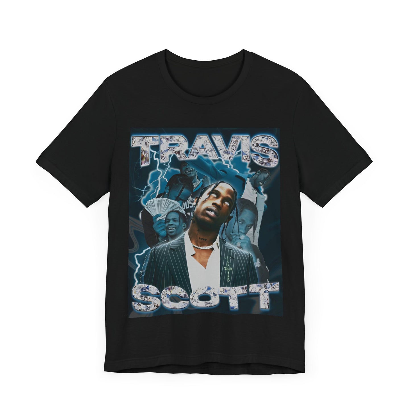 A black graphic t-shirt featuring a 90s bootleg style graphic of Travis Scott.