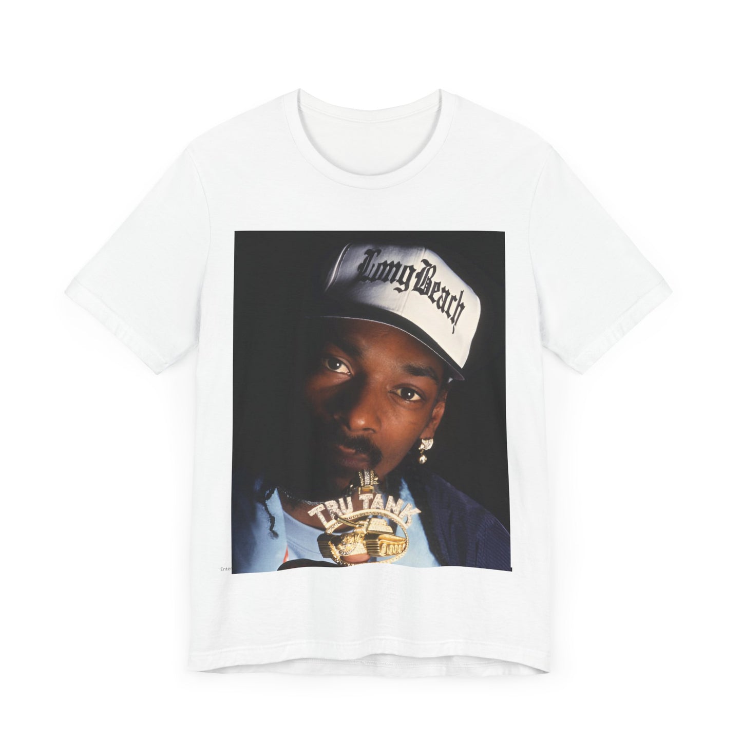 A black graphic t-shirt featuring a graphic of Snoop Dogg as a powerhouse OG rapper.