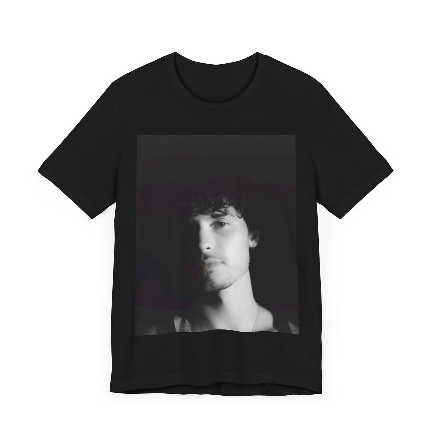 A black graphic t-shirt featuring a black and white portrait photo of Shawn Mendes.