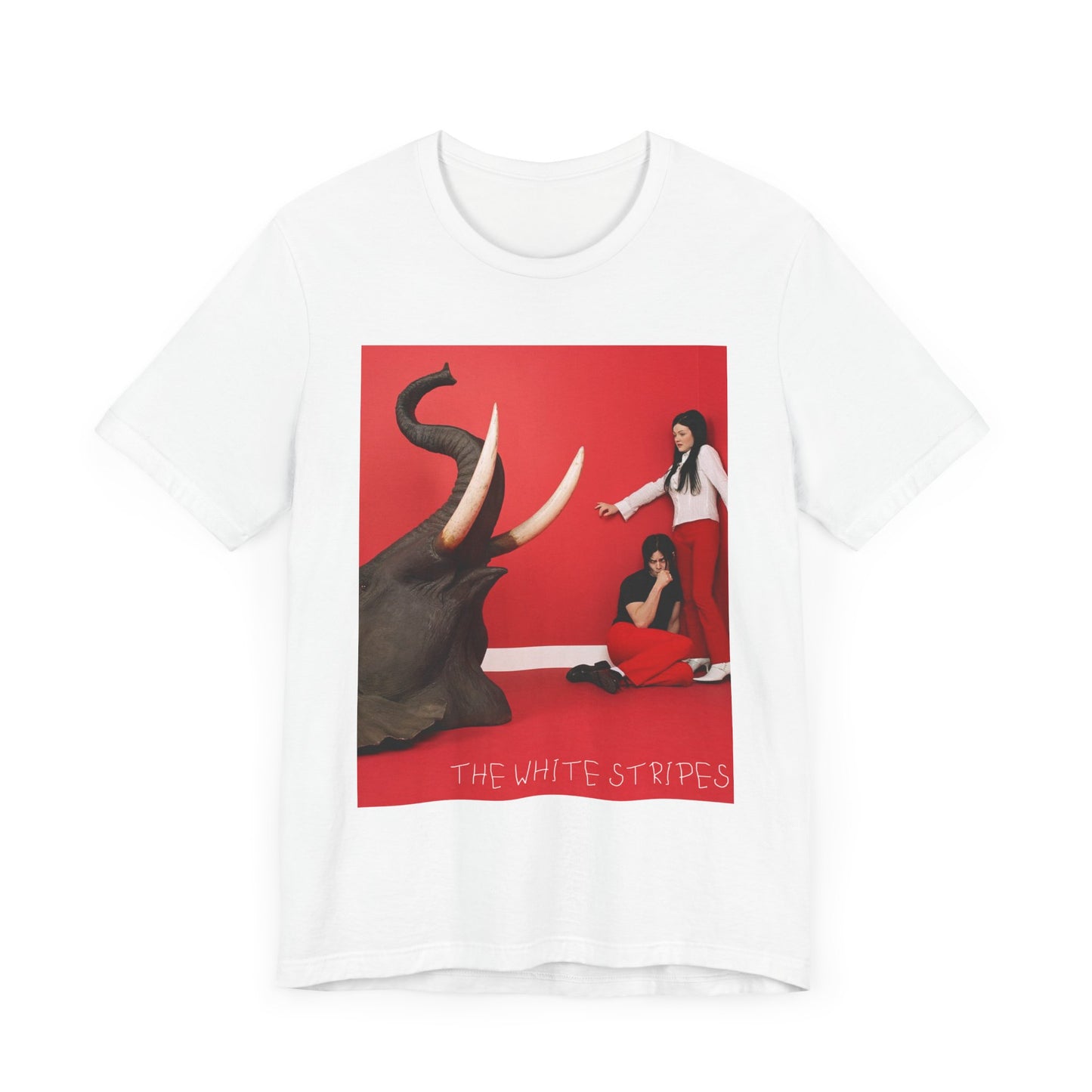 A black graphic t-shirt featuring a graphic related to The White Stripes' 'Elephant' album.