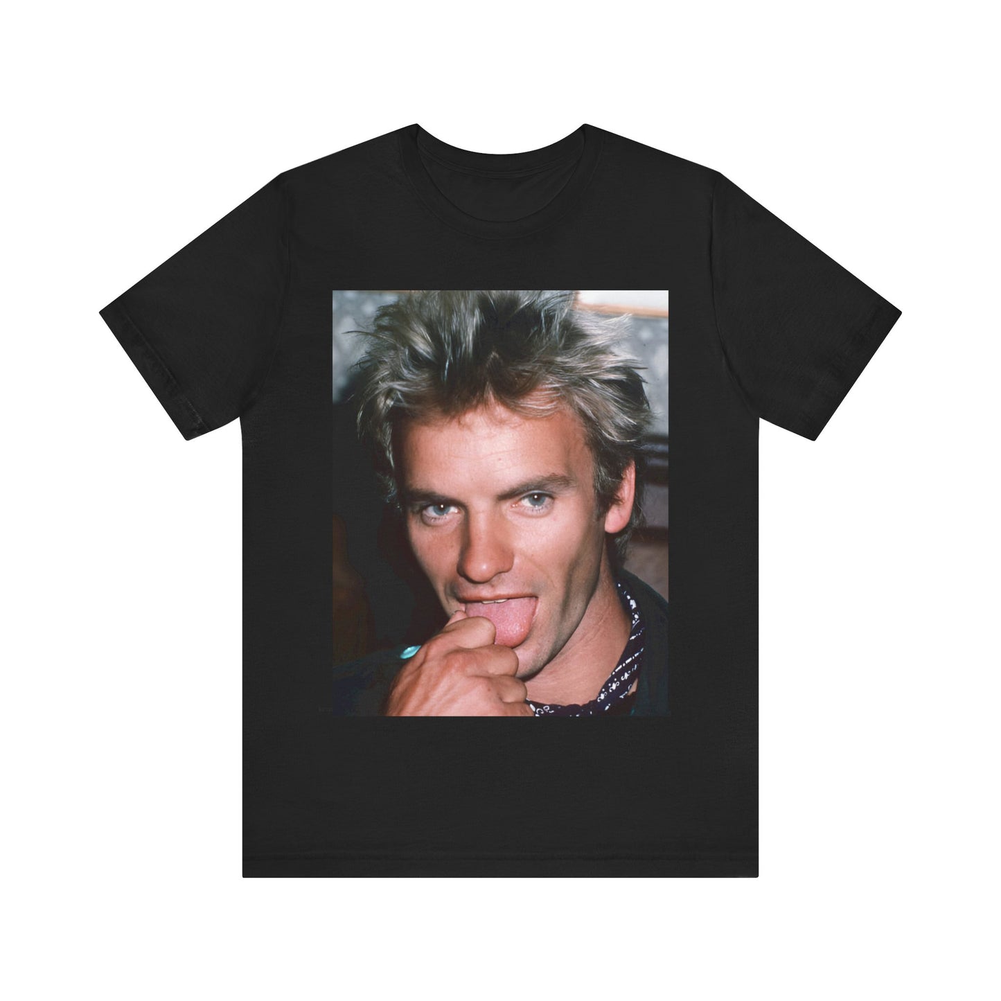 A black graphic t-shirt featuring an 80s new wave aesthetic graphic of Sting.