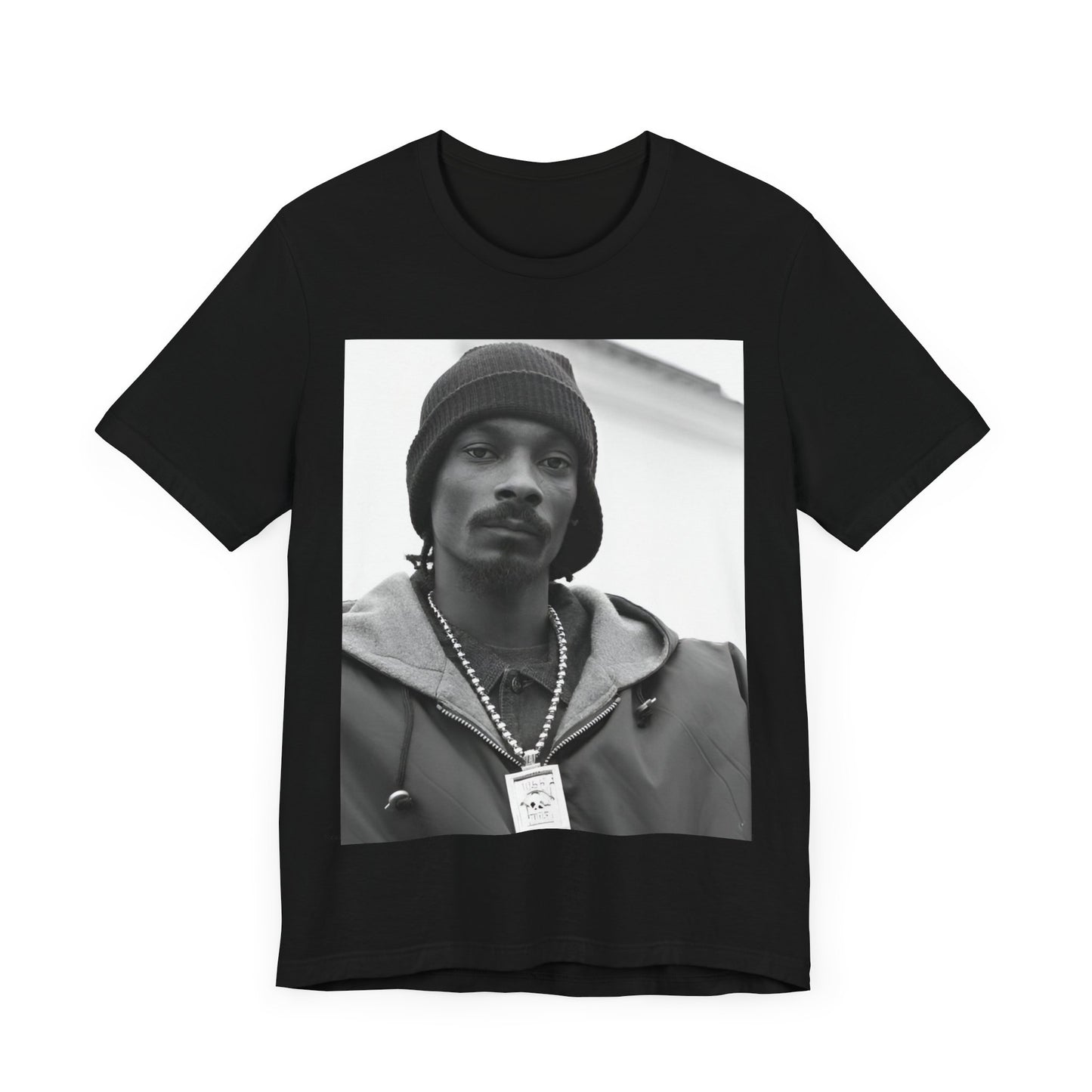 A black graphic t-shirt featuring a black and white, monochrome graphic of Snoop Dogg with an OG cool vibe.
