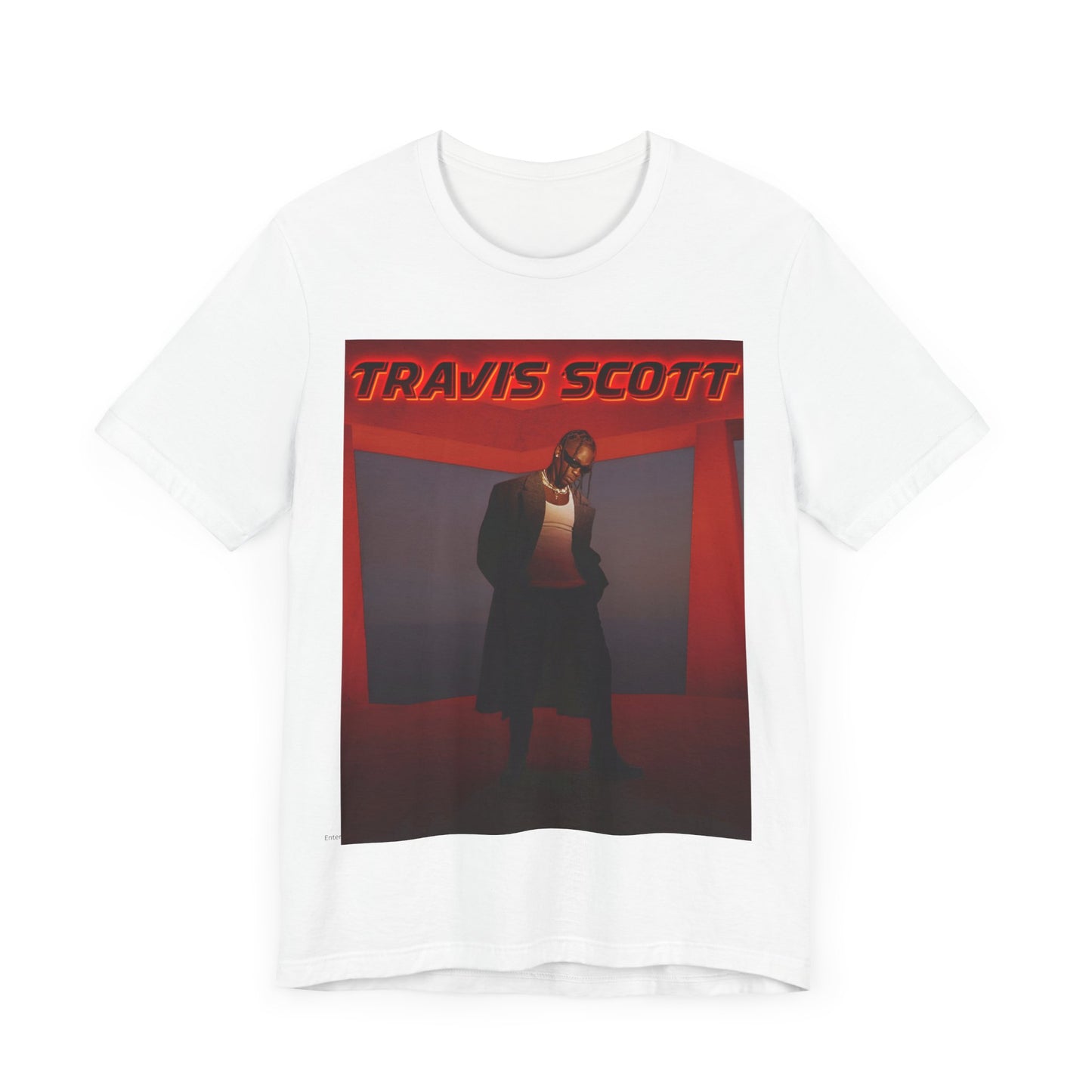 A black graphic t-shirt featuring a graphic of Travis Scott with a dreamy rap soundscape aesthetic.