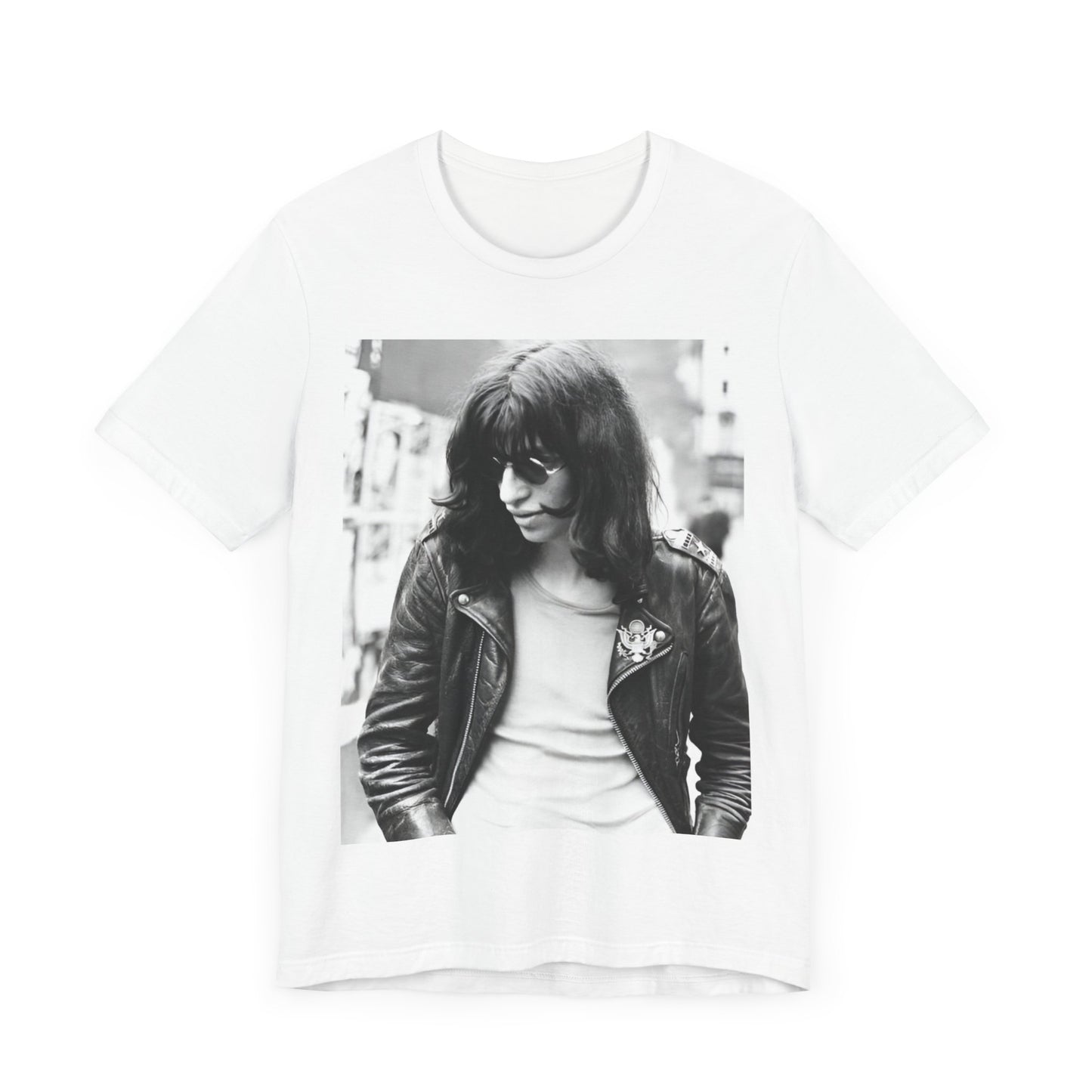 A black graphic t-shirt featuring a graphic of Joey Ramone from Ramones as a punk rock legend.