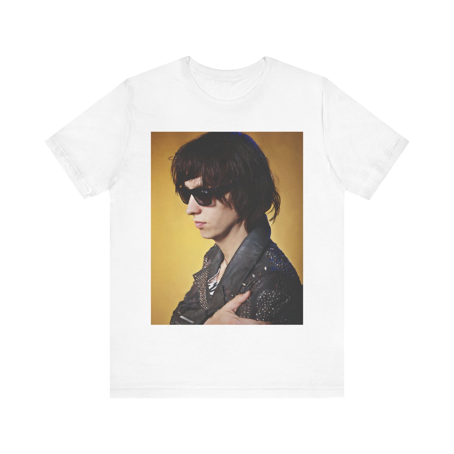 A black graphic t-shirt featuring a retro graphic related to The Strokes' 'Is This It' album era.