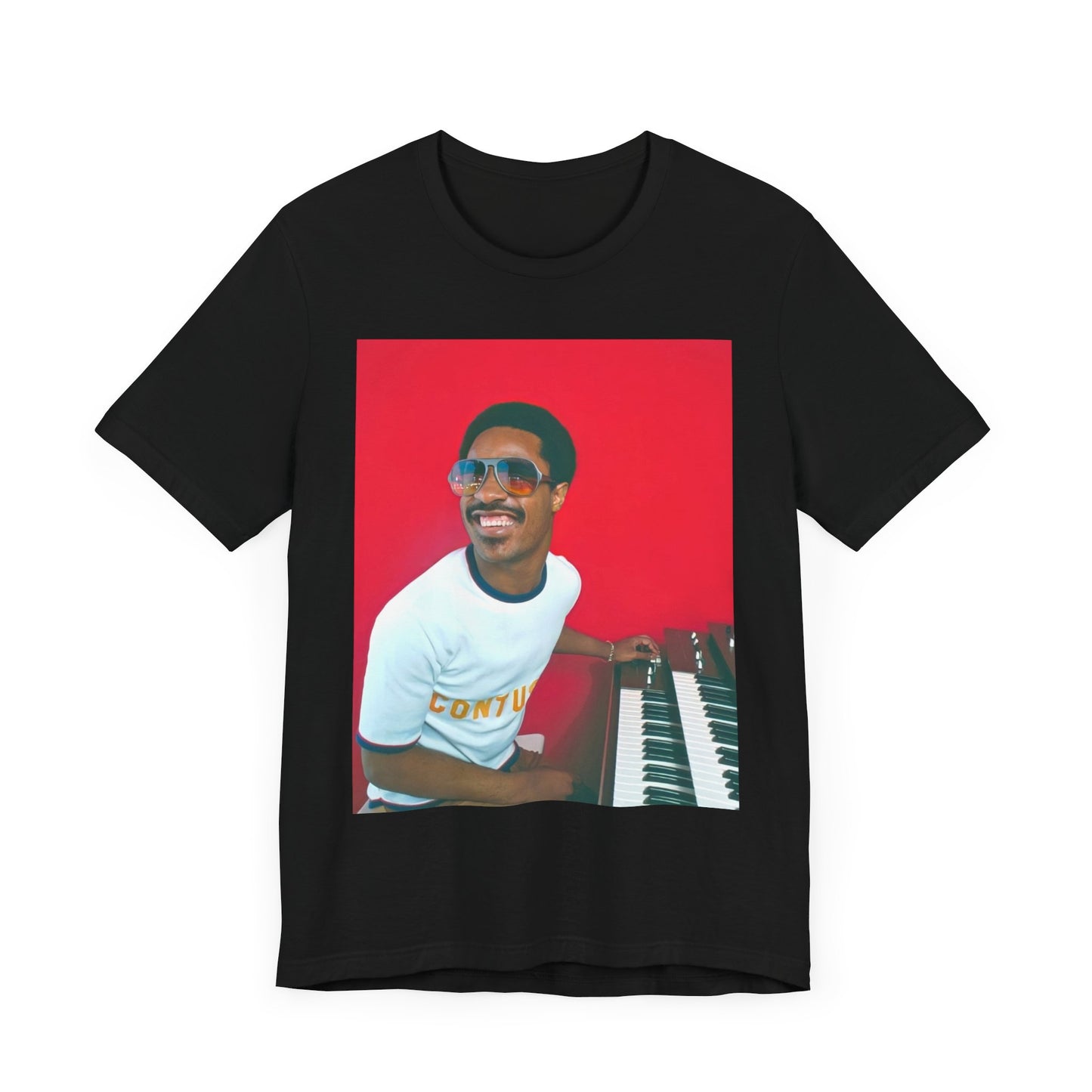 A black graphic t-shirt featuring a graphic of Stevie Wonder with a piano.