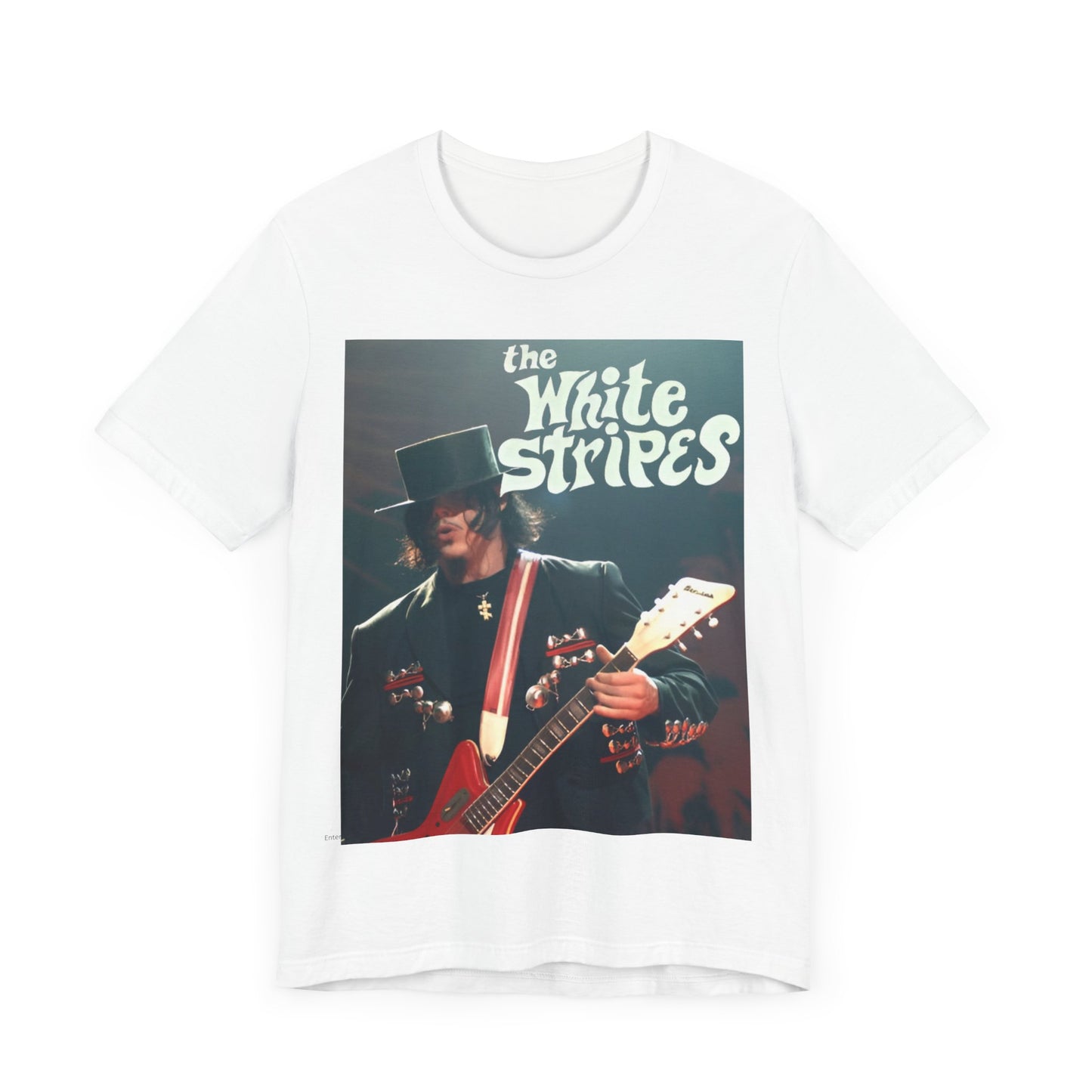 A black graphic t-shirt featuring a graphic of Jack White from The White Stripes as a guitar god.